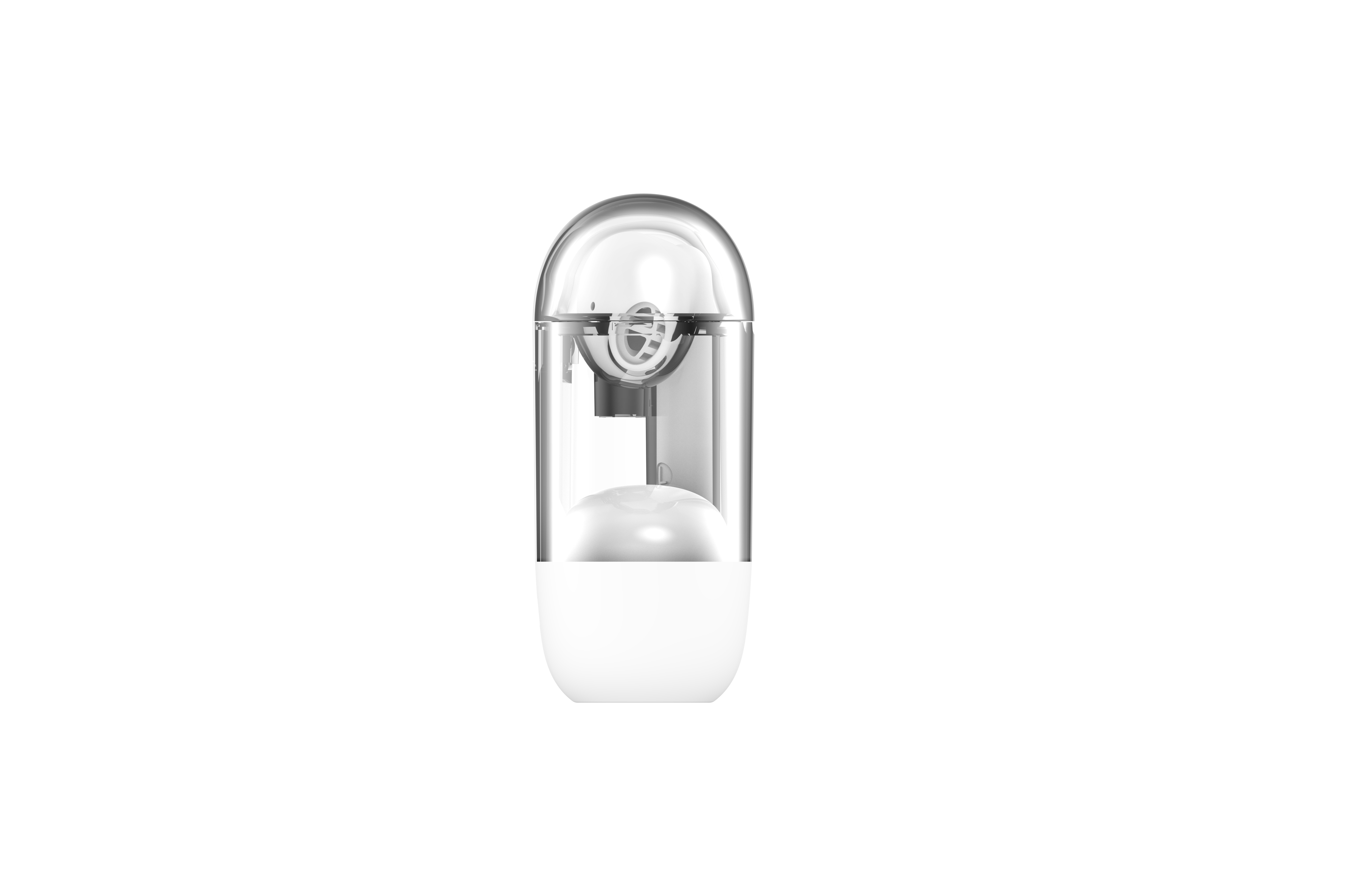 Écouteur blanc avec un couvercle transparent. Fond noir.