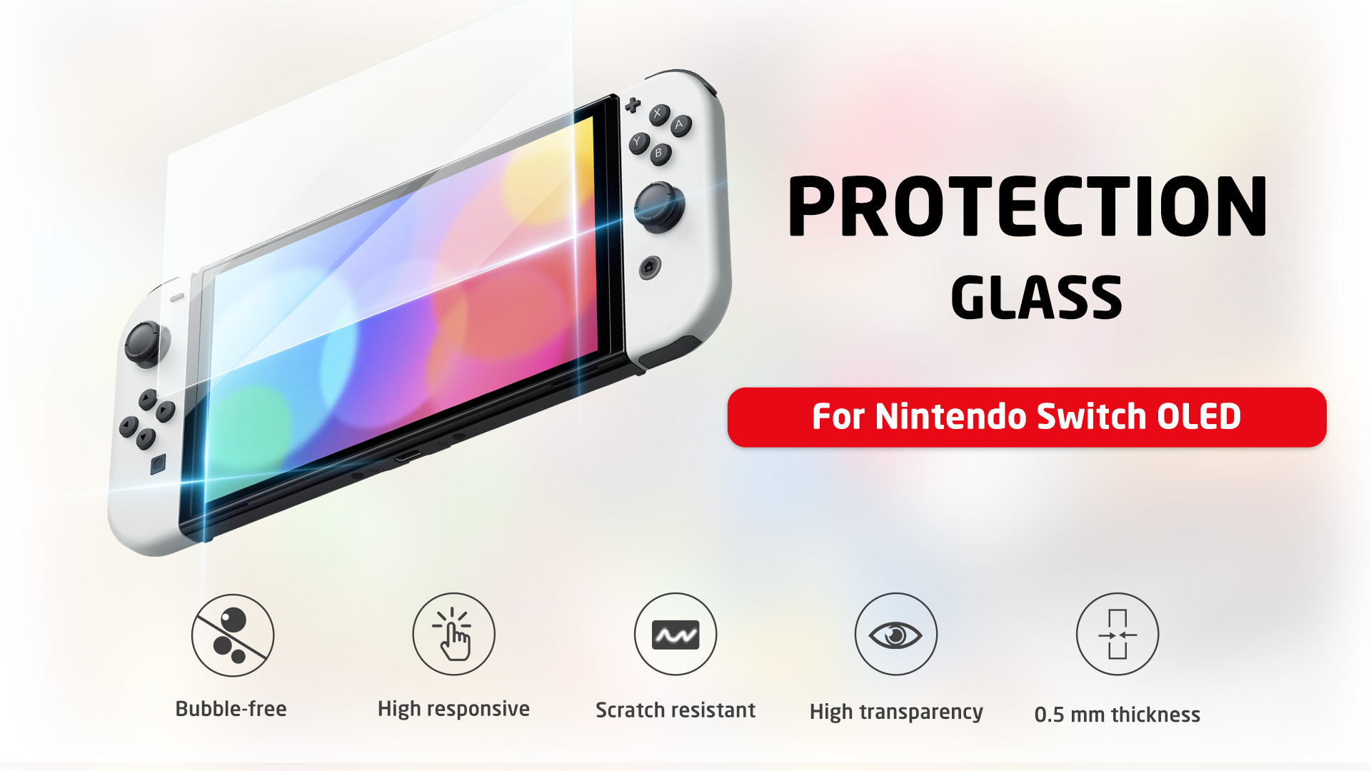 Nintendo Switch OLED blanche avec protection d'écran et icônes de fonctionnalités.