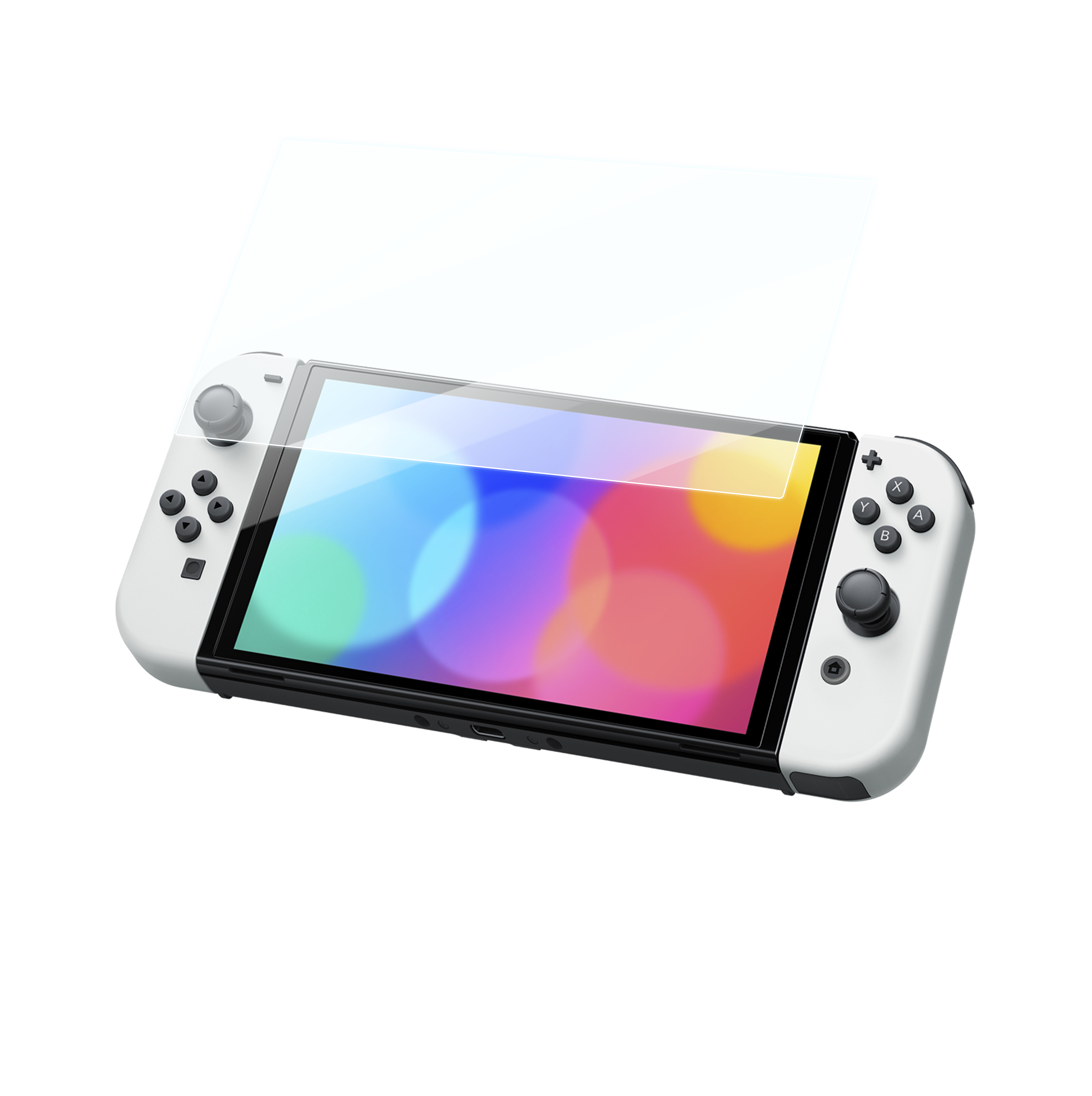 Nintendo Switch OLED blanche avec protecteur d'écran appliqué.
