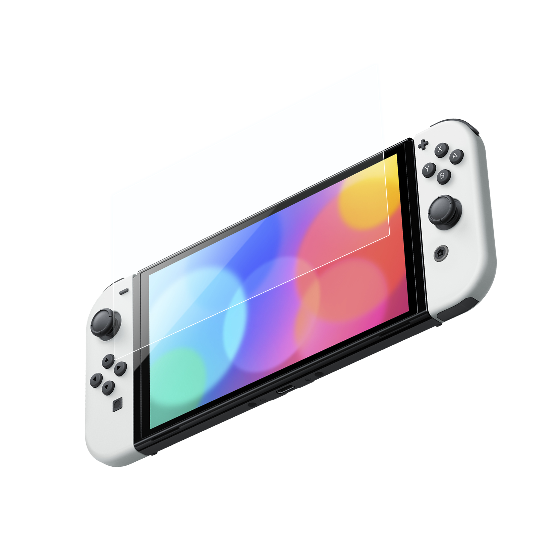 Nintendo Switch OLED blanche avec protecteur d'écran appliqué.