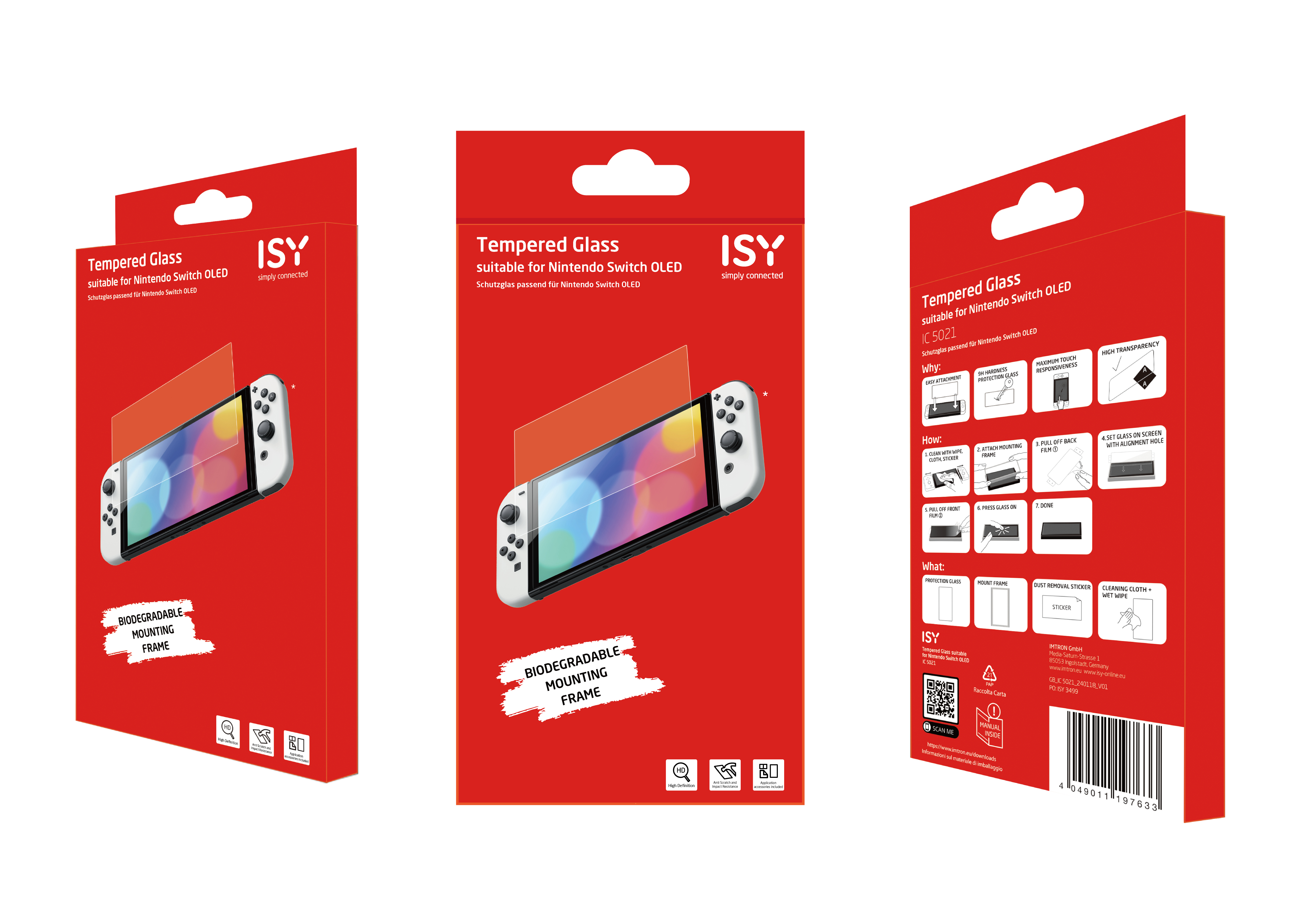 Trois boîtes de produit en verre trempé pour Nintendo Switch OLED.