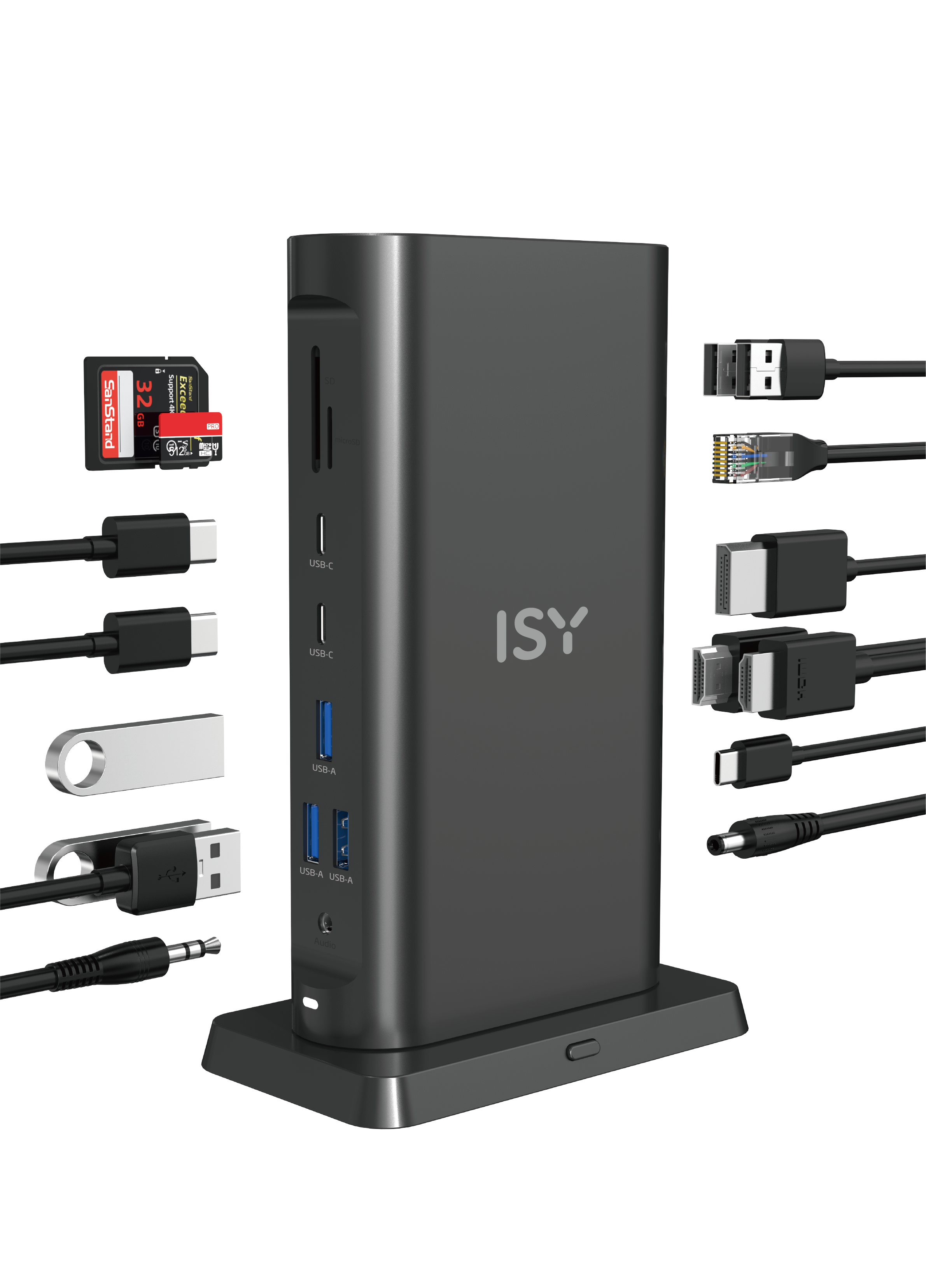 Stacja dokująca z portami USB, portami HDMI i różnymi kablami.