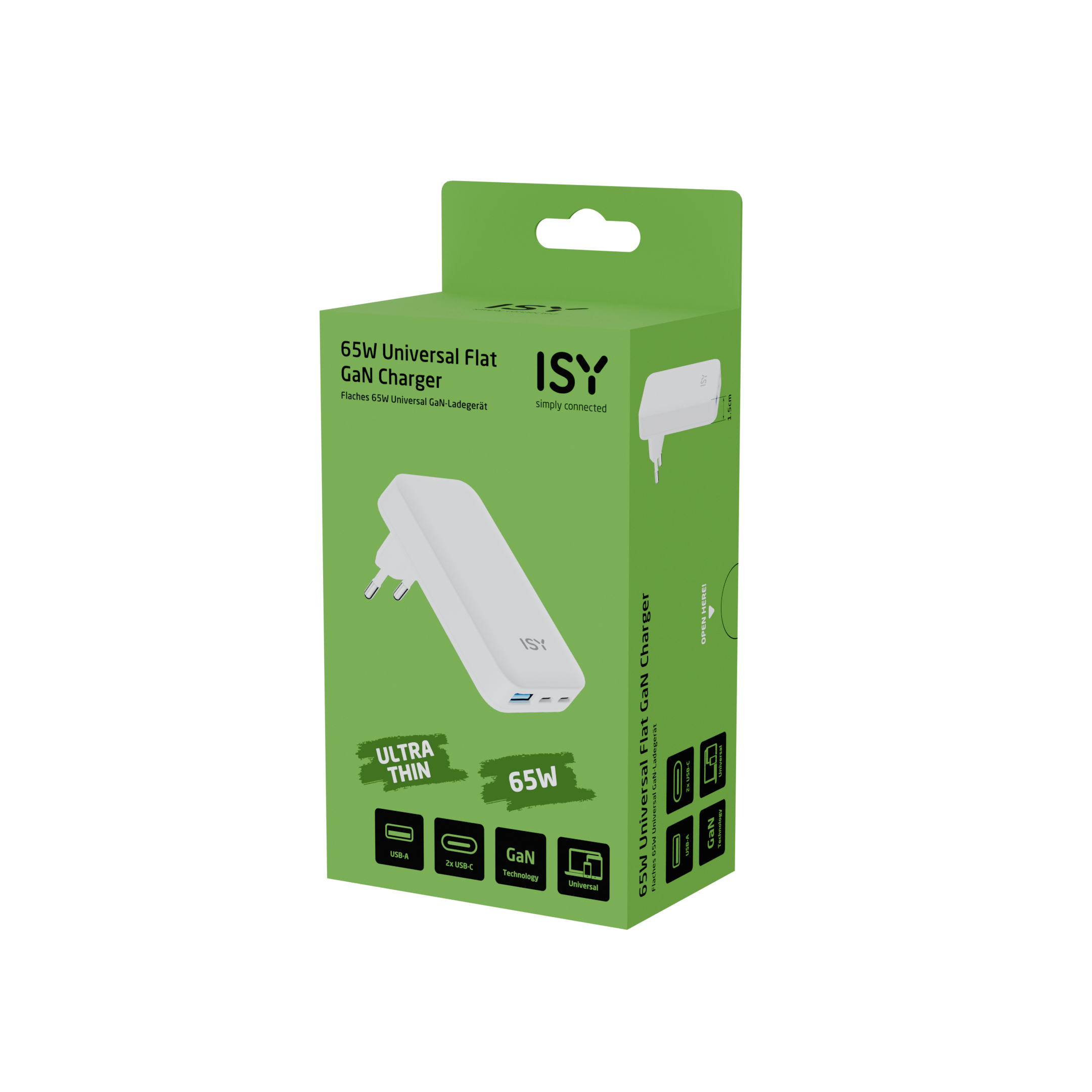 Zielono-białe pudełko z ładowarką GaN 65W Universal Flat.