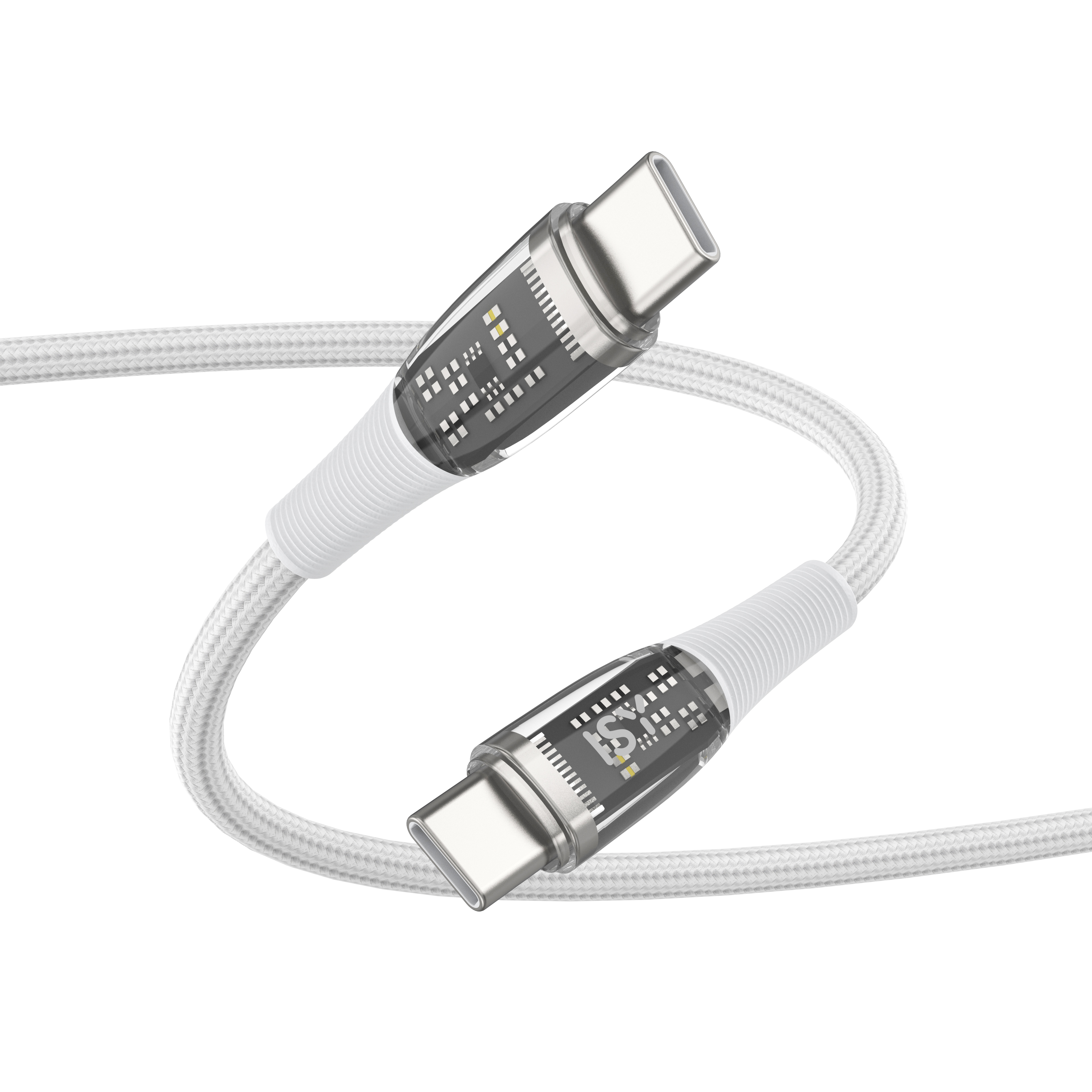 Biały kabel USB-C z przezroczystymi złączami ukazującymi płytki drukowane.