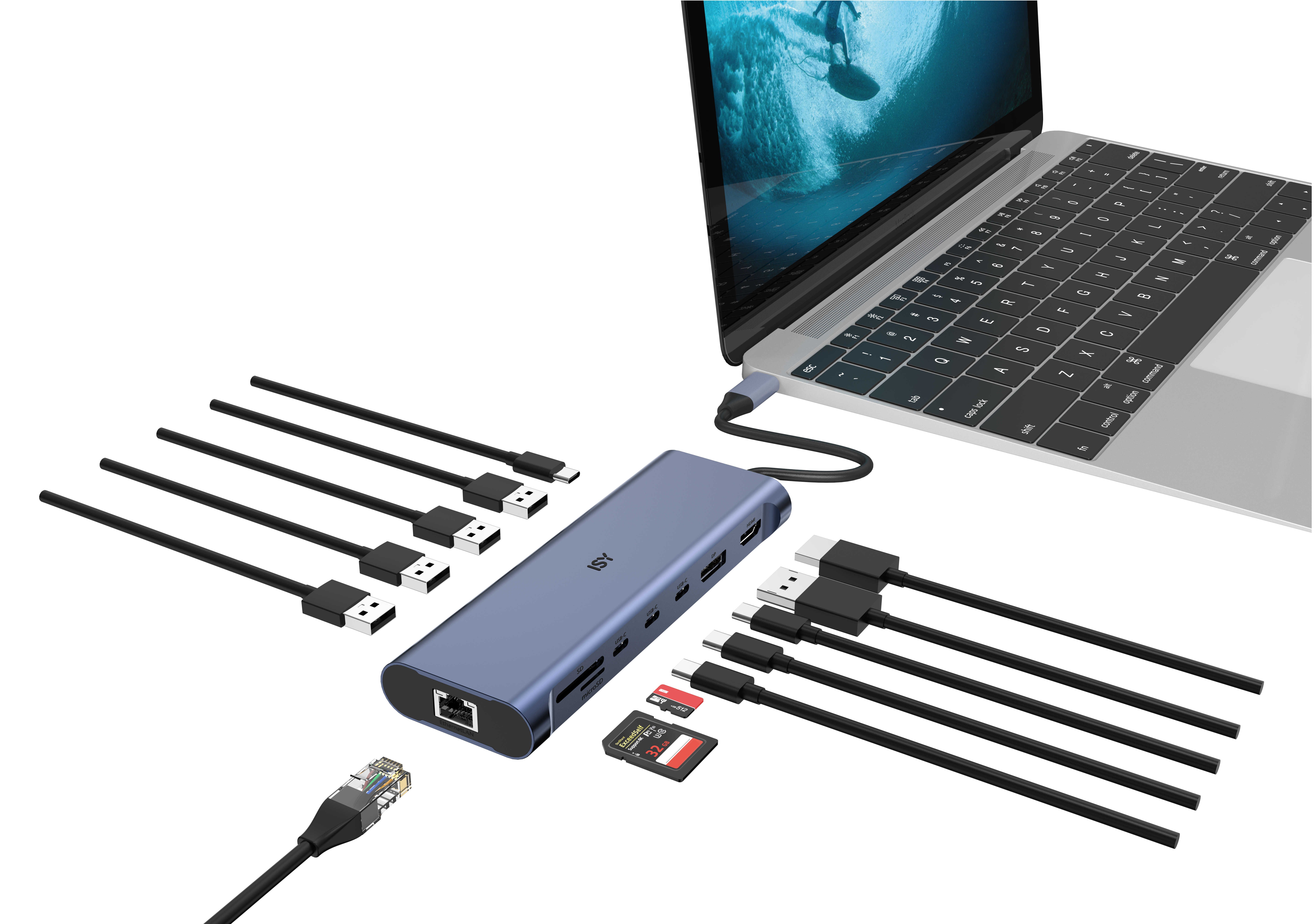 Hub USB-C z wieloma portami, kablami i laptopem.