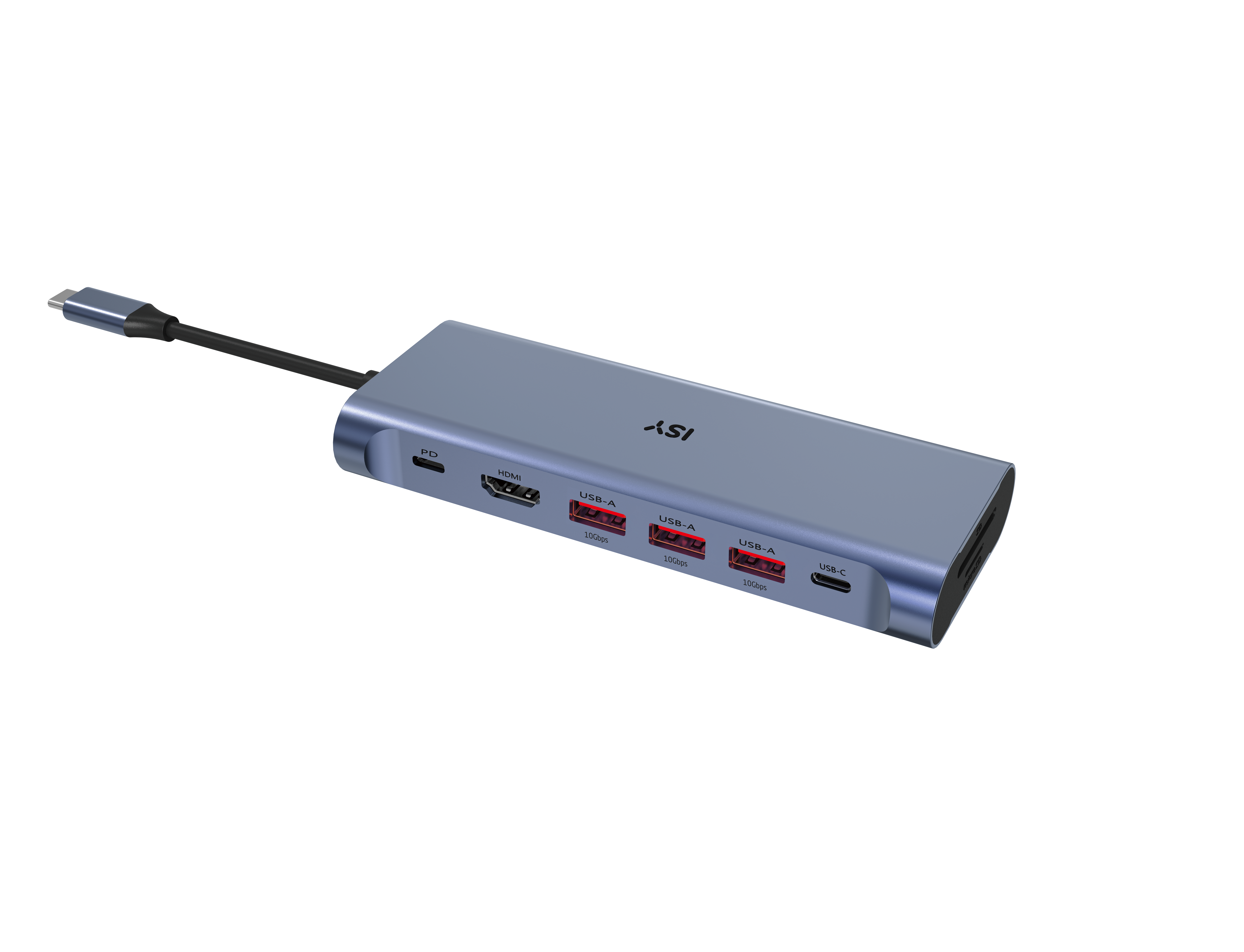 Un adattatore multiporta blu con più porte, sfondo nero.
