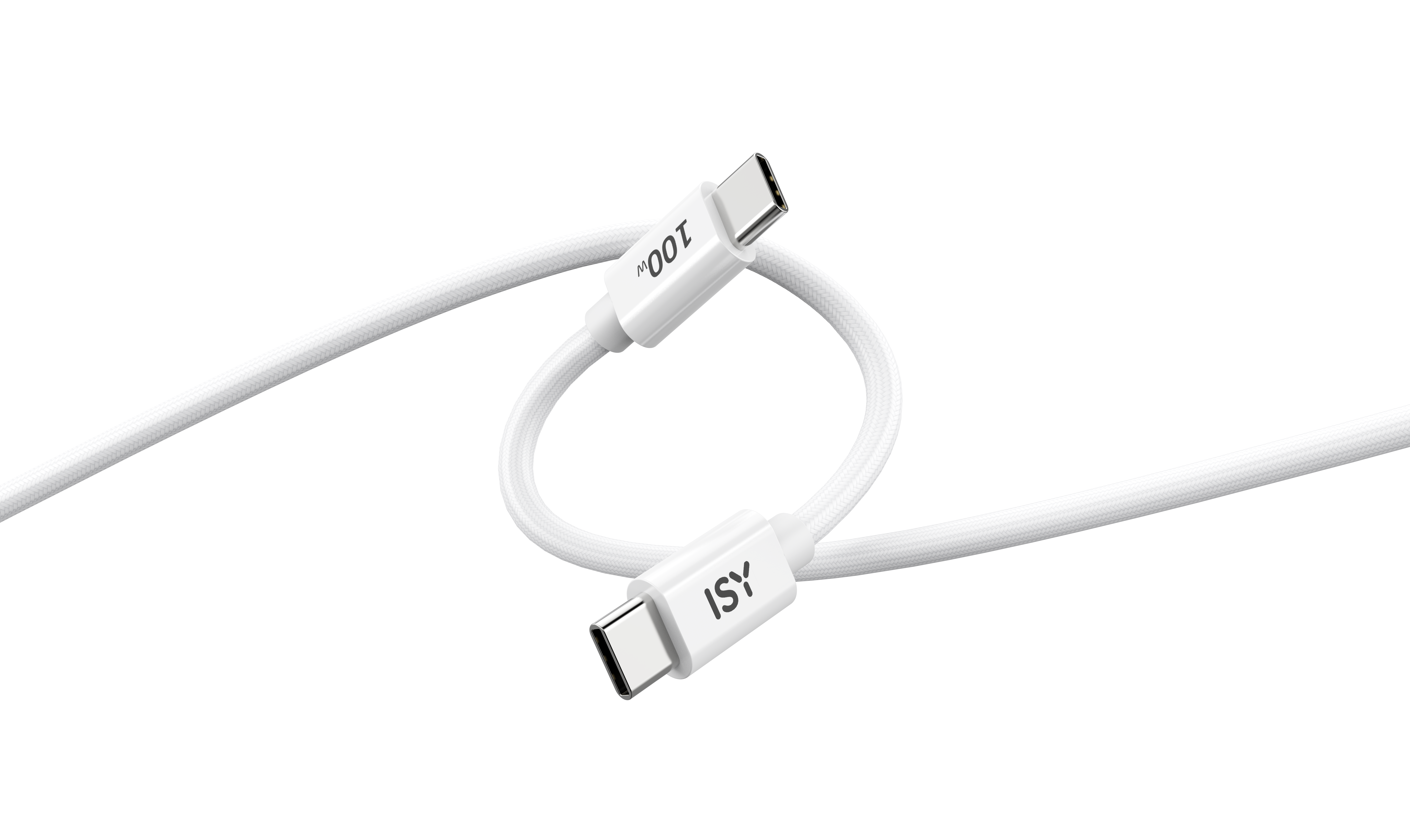 Biały kabel USB-C z logo i tekstem na czarnym tle.