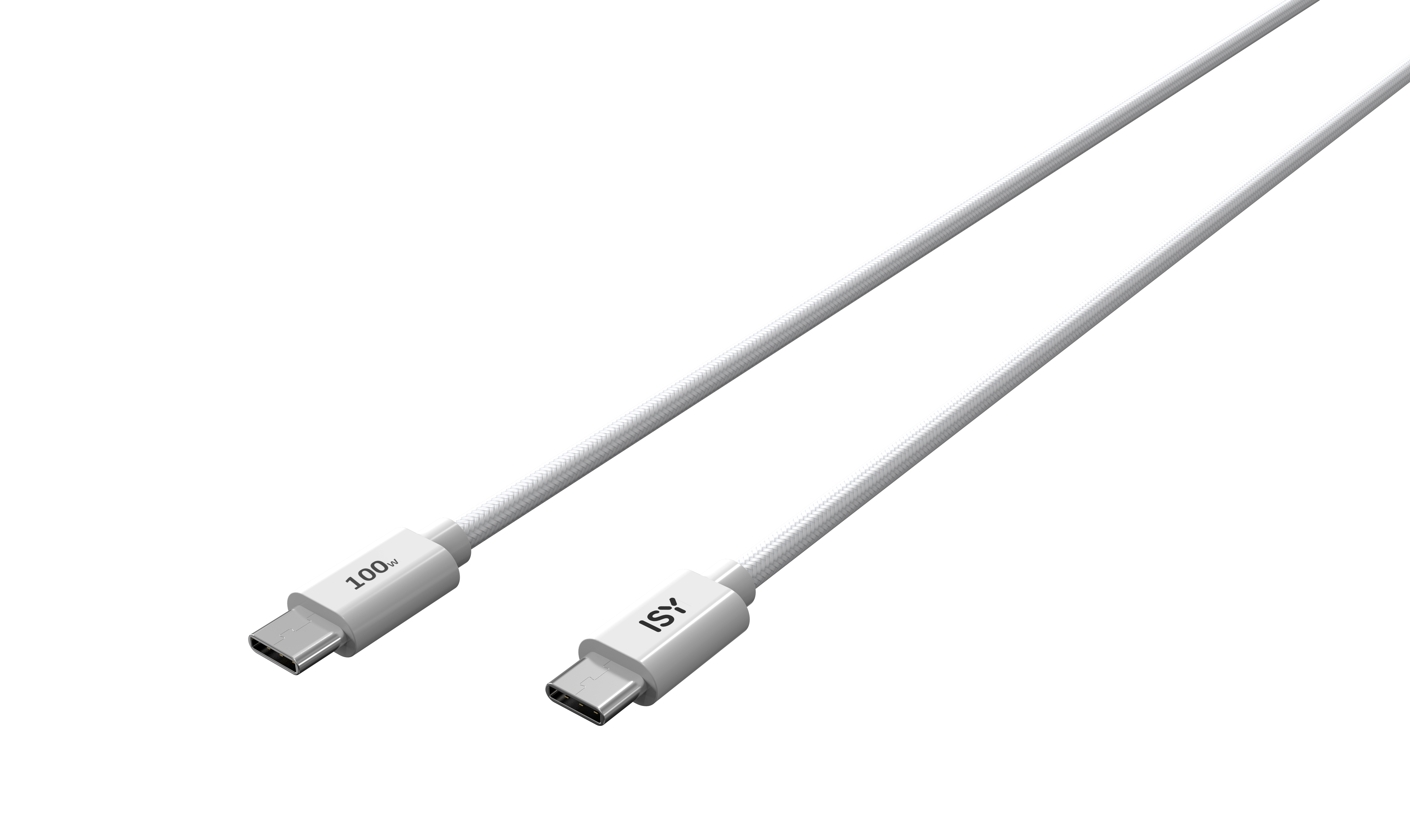 Dwa białe kable USB-C. Jeden z oznaczeniem 100w, drugi z ISY.