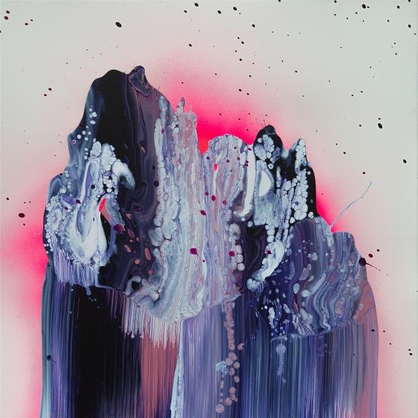 Abstrakte Kunst mit lila und schwarzen Formen und einem rosa Hintergrund.