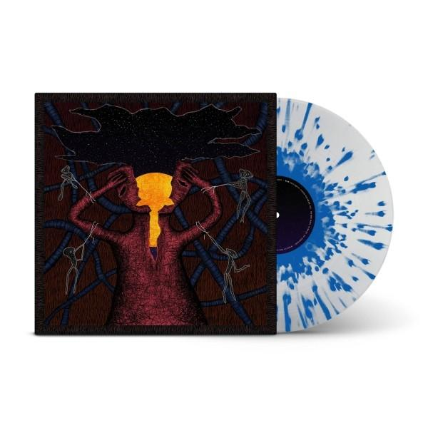 Albumcover mit roter Figur im Zentrum, umgeben von blauen Linien und einer weißen Vinylplatte.