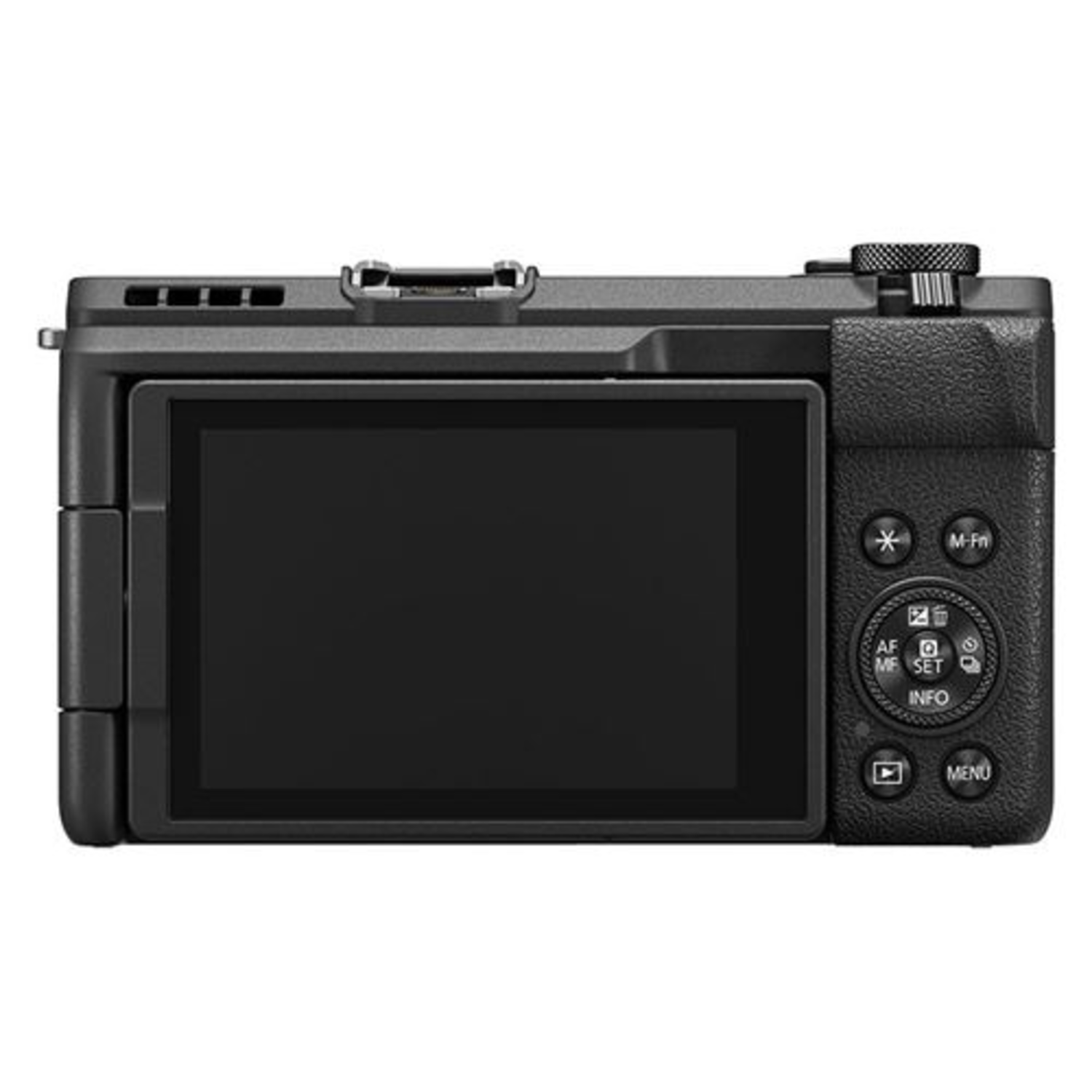 Black digital camera back, with screen showing black image, and control buttons.