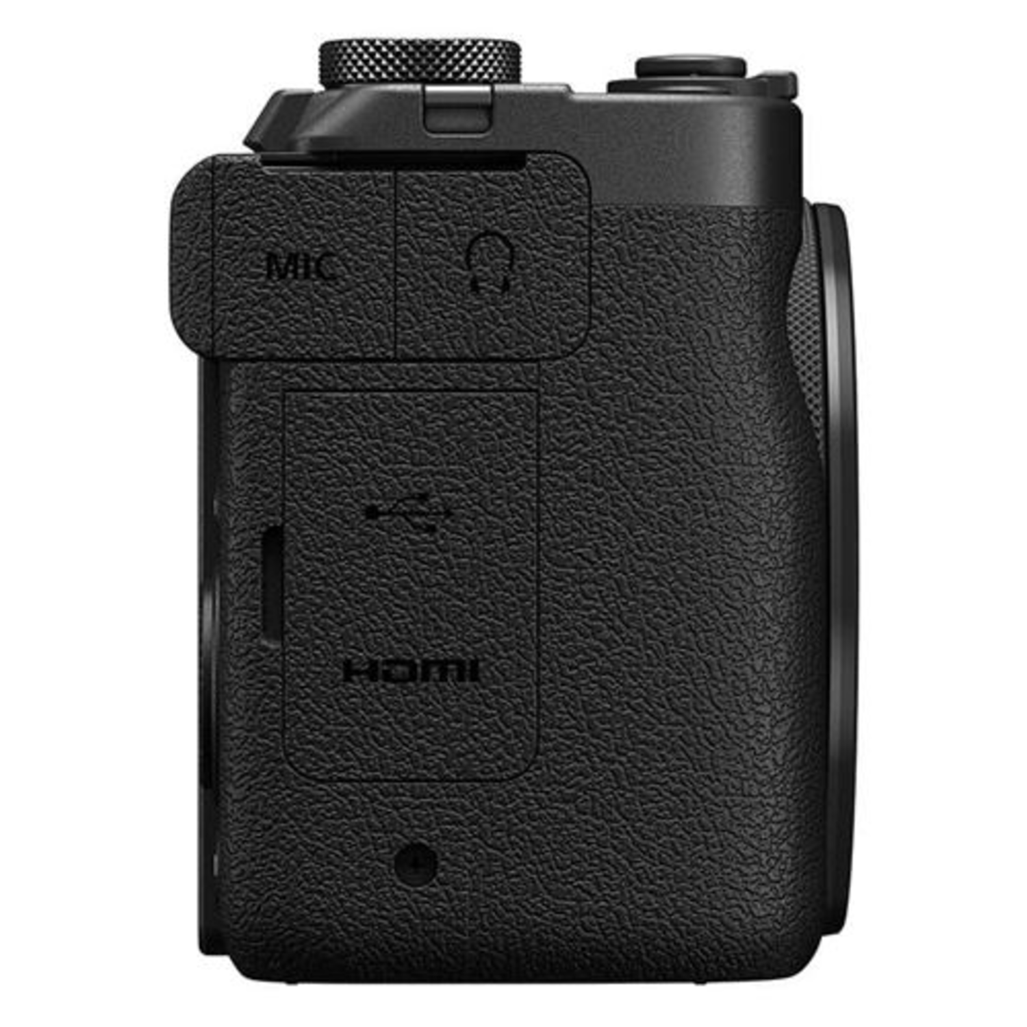 Black camera side view. Mic, headphone and HDMI ports visible.