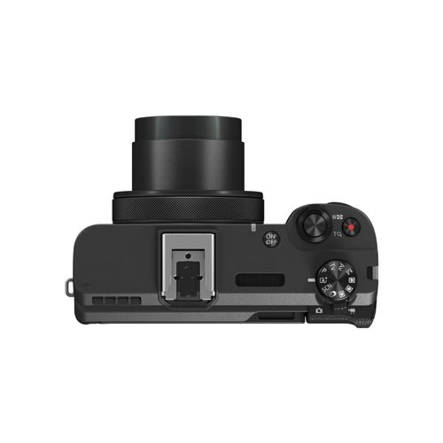 Black camera, top view. Controls visible, flash attachment and lens.