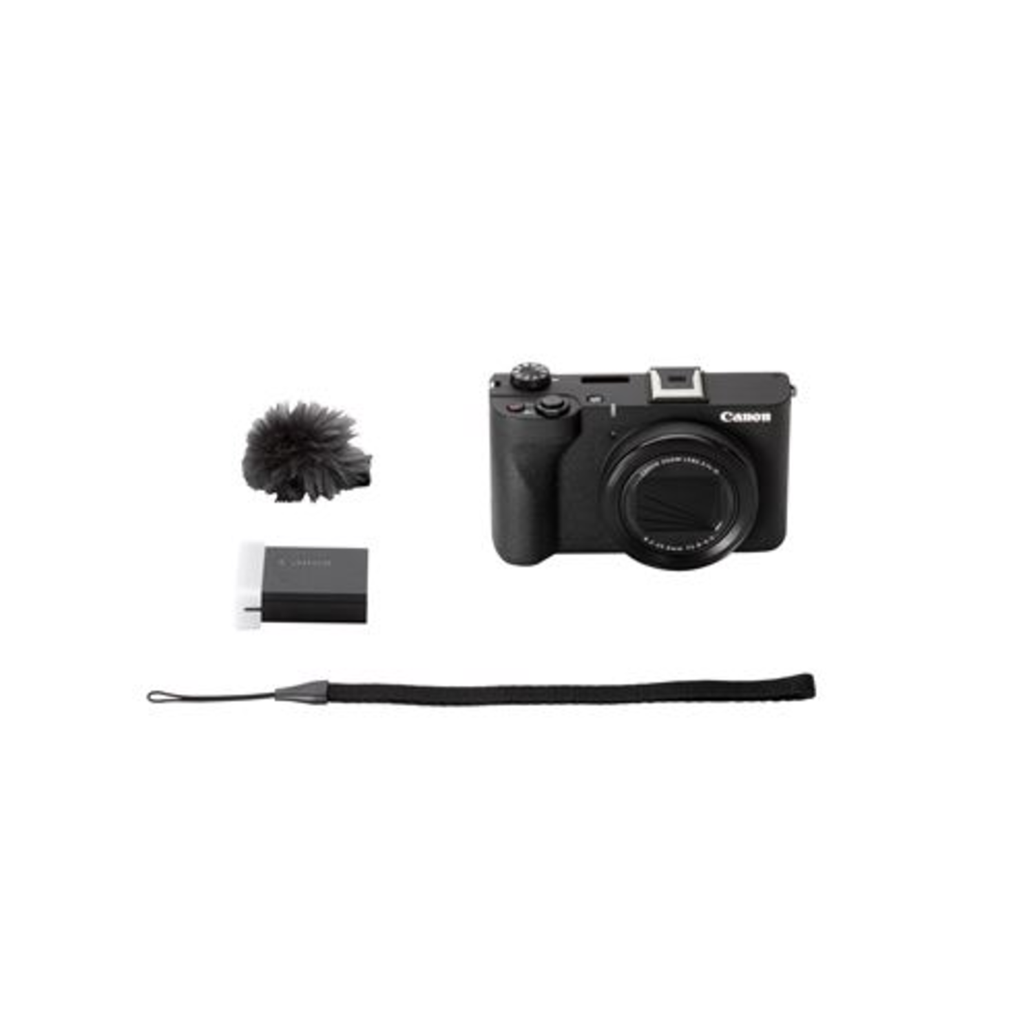 Black camera with accessories, including a microphone and a strap.