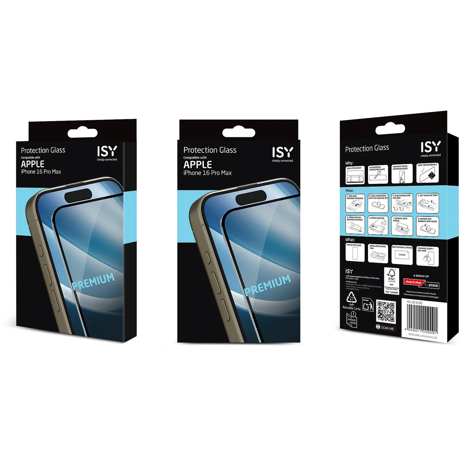 Drie dozen schermbeschermers voor iPhone 15 Pro Max. De dozen tonen de telefoon.