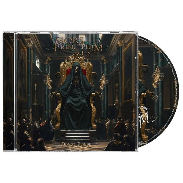 Albumcover mit einer Skelettfigur auf einem Thron, umgeben von Menschen in dunkler Umgebung.