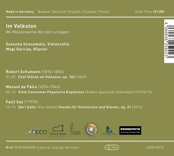 Rückseite einer CD-Hülle mit Text in mehreren Sprachen über Musik, Komponisten und Interpreten.