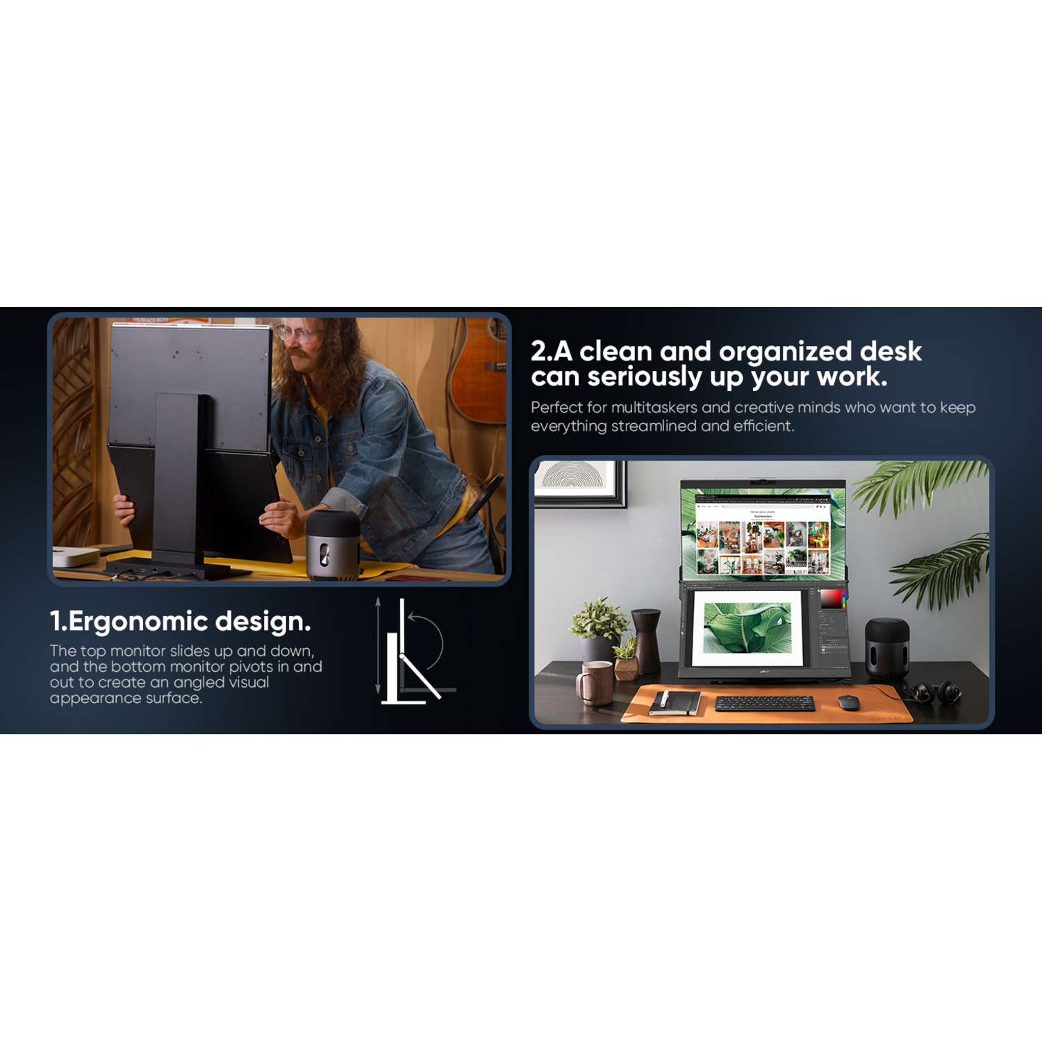 Image comparing normal monitors and a dual monitor setup, showing smaller gaps and wider field of view.