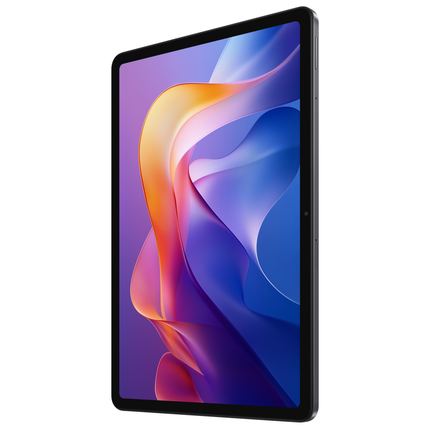 Een zwarte tablet met een kleurrijke, abstracte wallpaper, schuin van opzij.