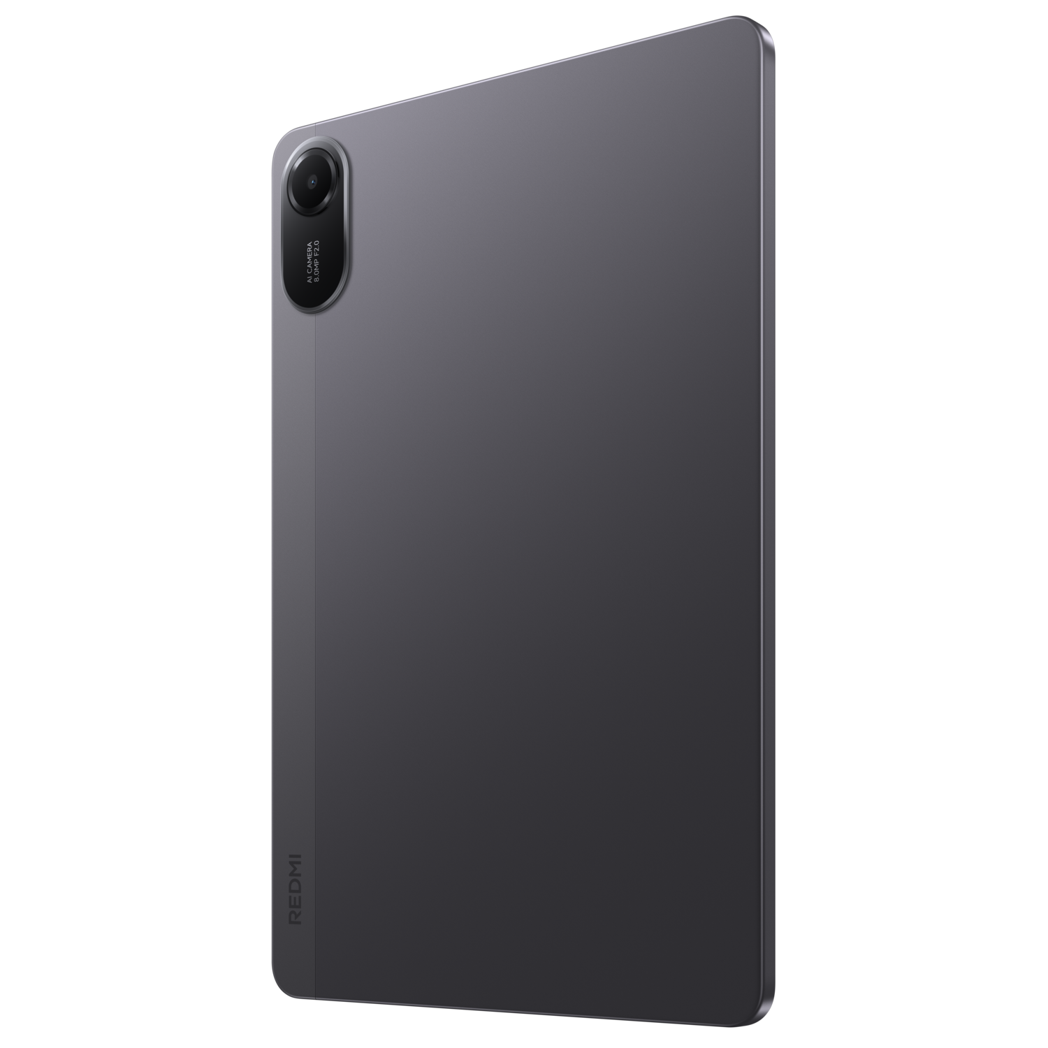 De achterkant van een donkergrijze tablet met een camera en het Redmi-logo.