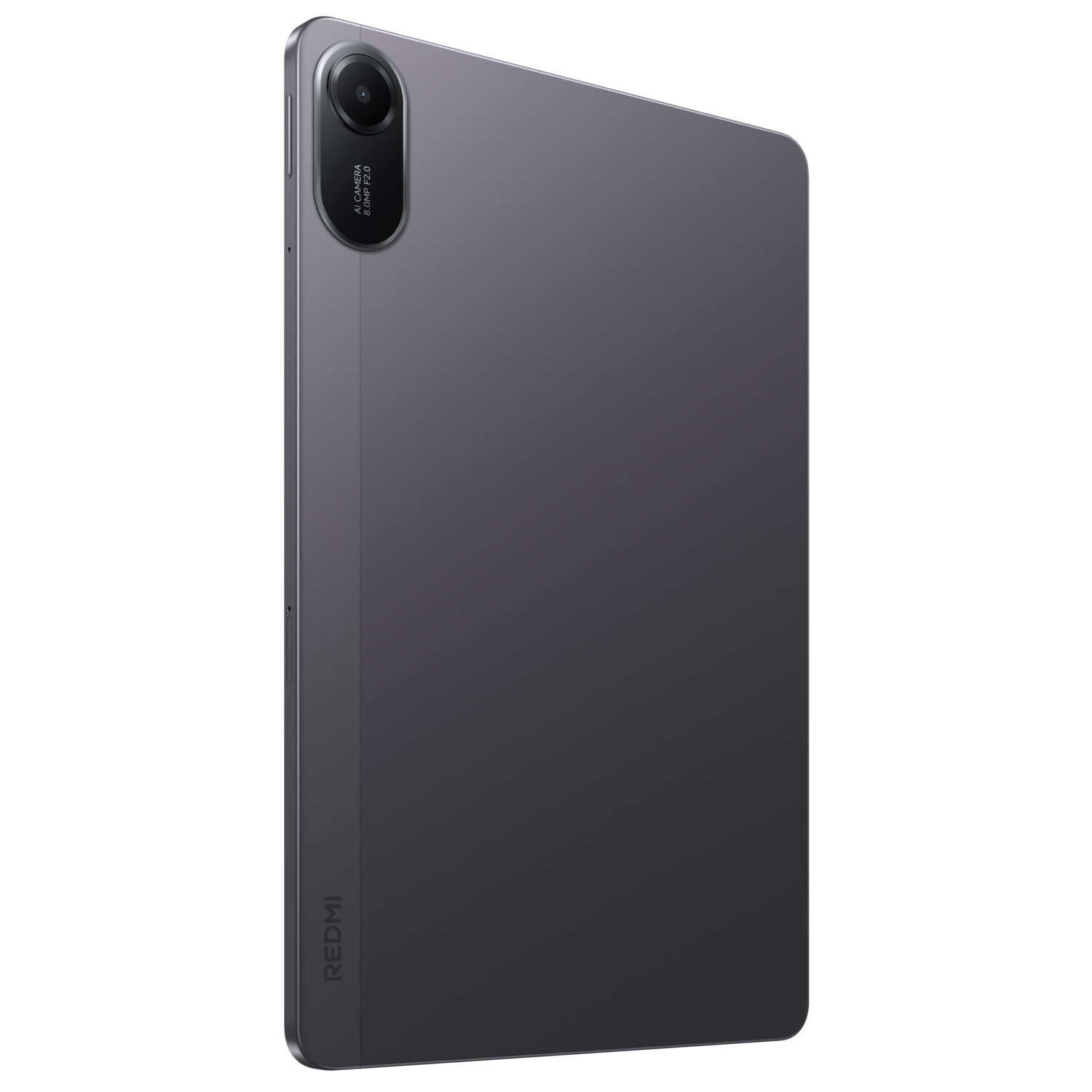 De achterkant van een donkergrijze tablet met een camera en het Redmi-logo.