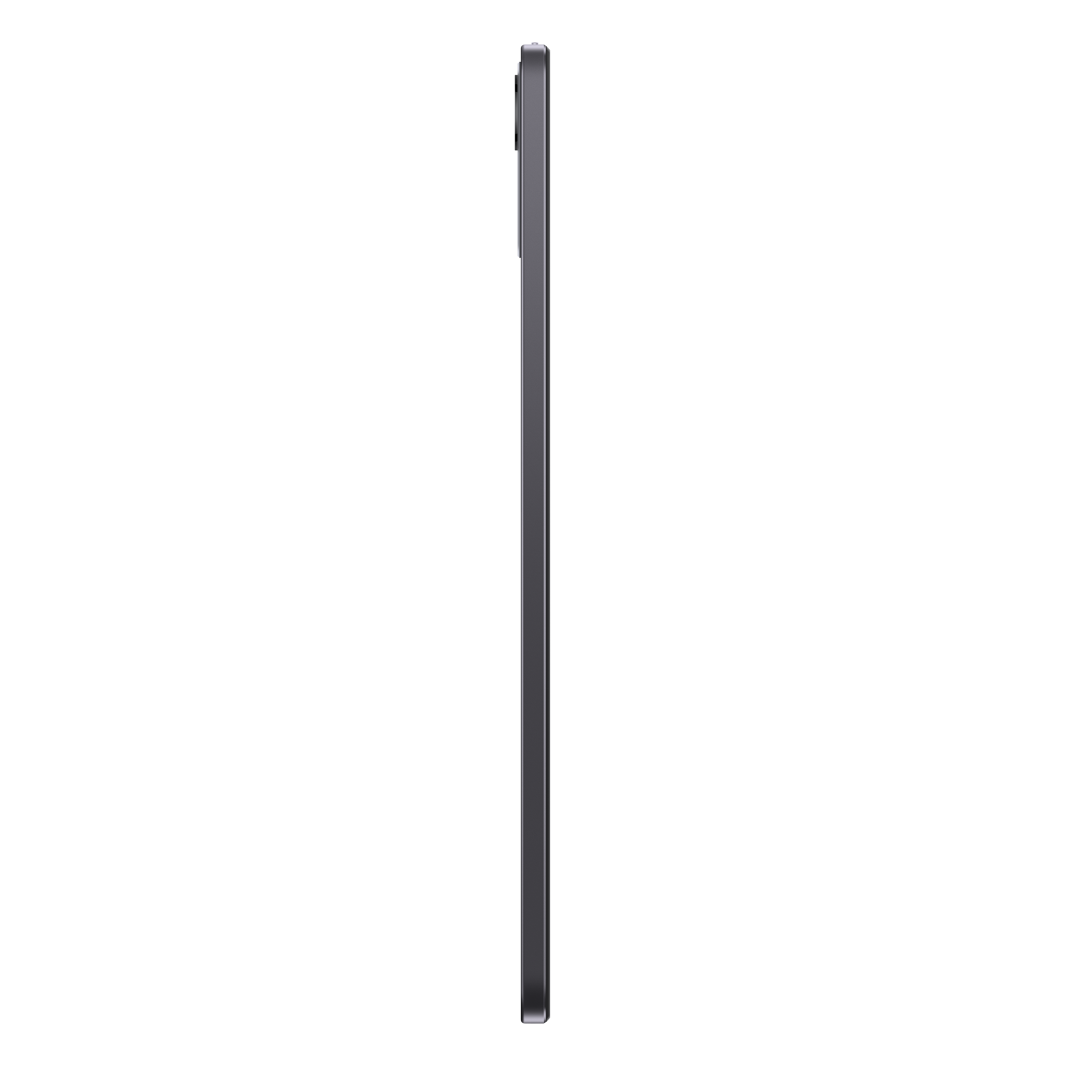 De zijaanzicht van een donkergrijze tablet, die zijn dunne profiel laat zien.