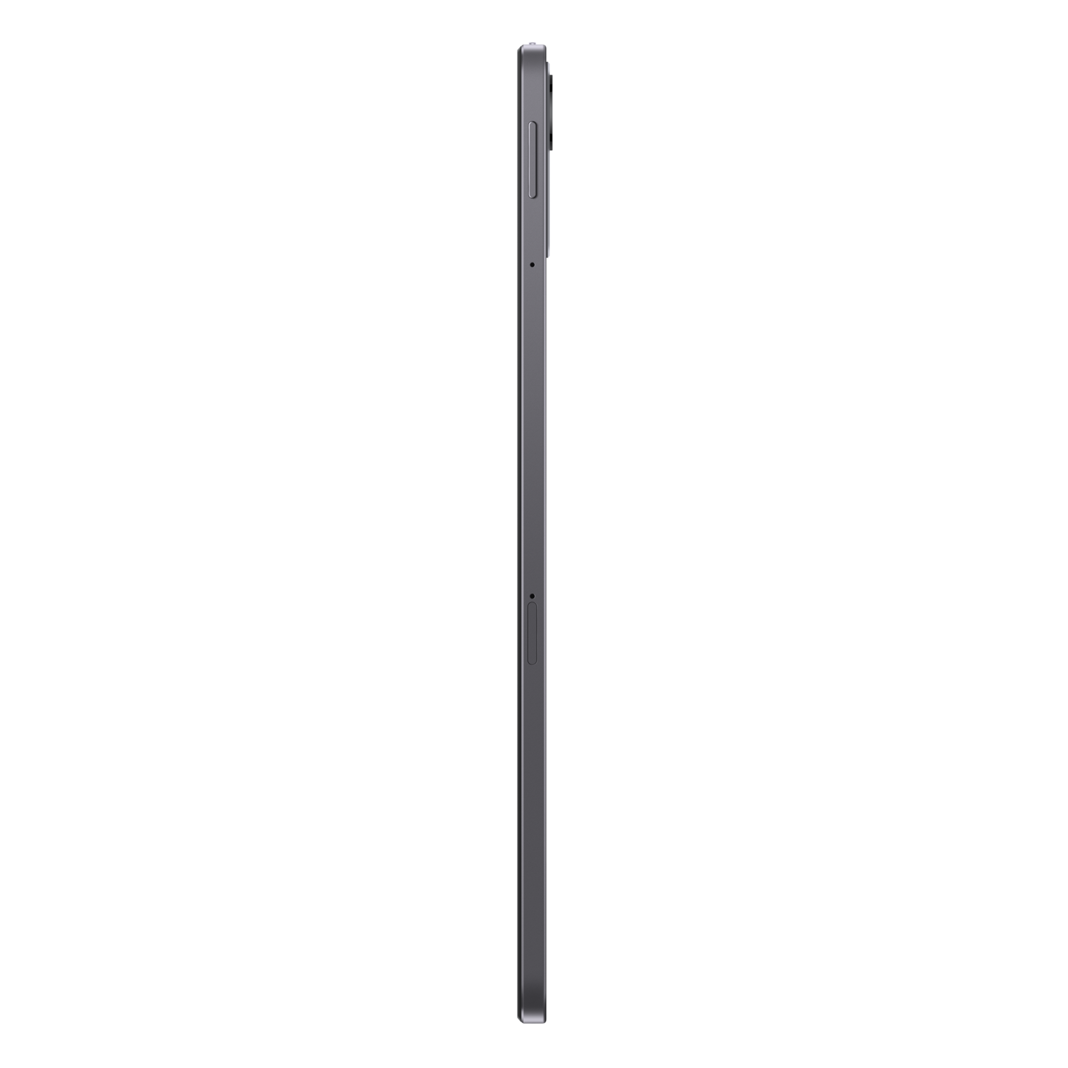 De zijaanzicht van een donkergrijze tablet, die zijn dunne profiel laat zien.