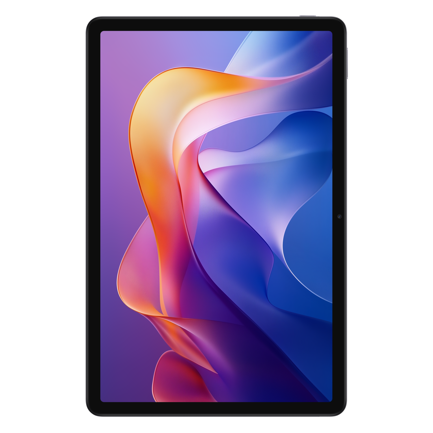 Tablet met een kleurrijk abstract ontwerp op het scherm. Zwarte lijst, zwarte achtergrond.
