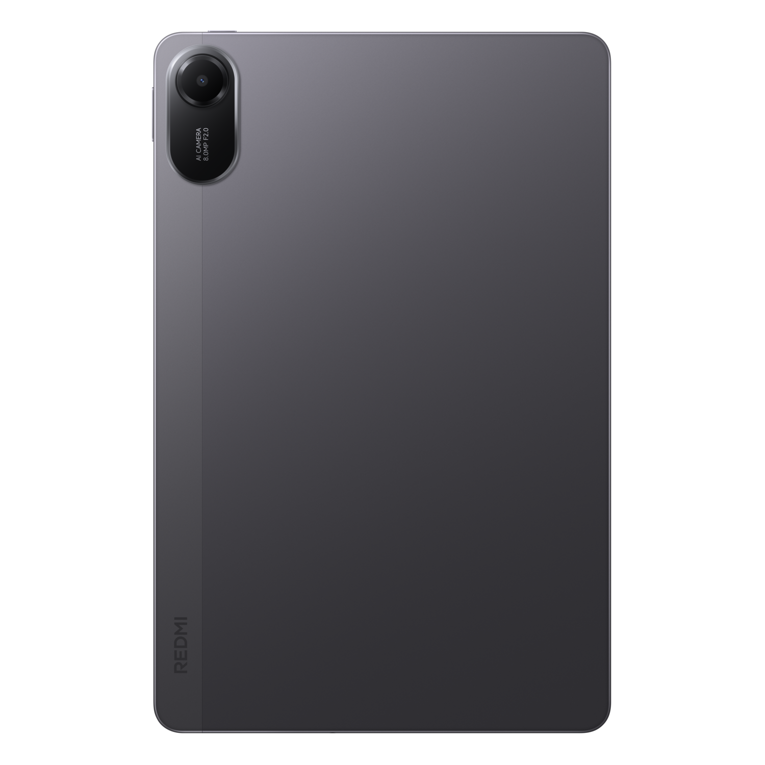 Achterkant van een grijze tablet. Een camera en de merknaam Redmi zijn zichtbaar. Zwarte achtergrond.