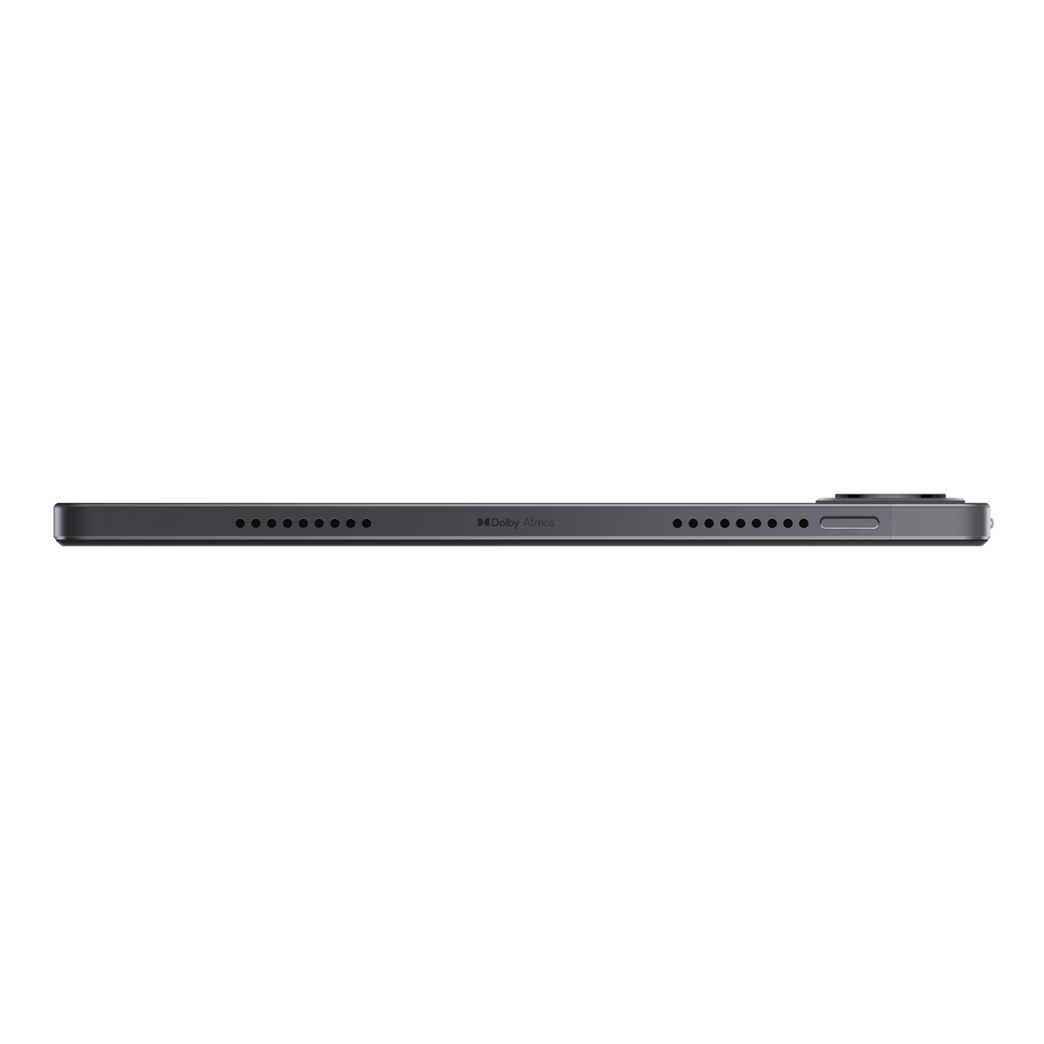 Onderkant van een grijze tablet met poorten en Dolby Atmos. Zwarte achtergrond.