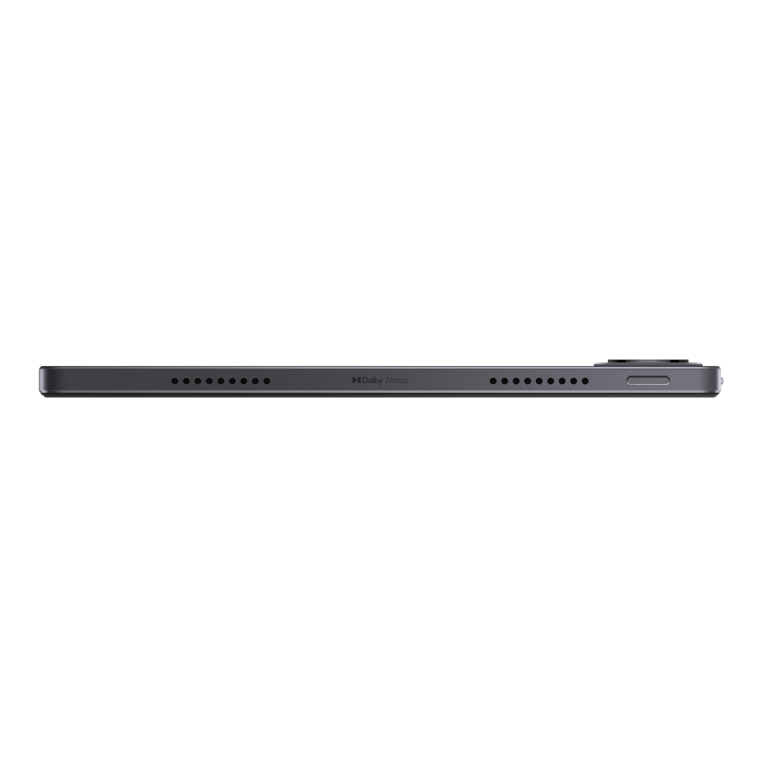 Bottom view of gray tablet, Dolby Atmos text. Black background.