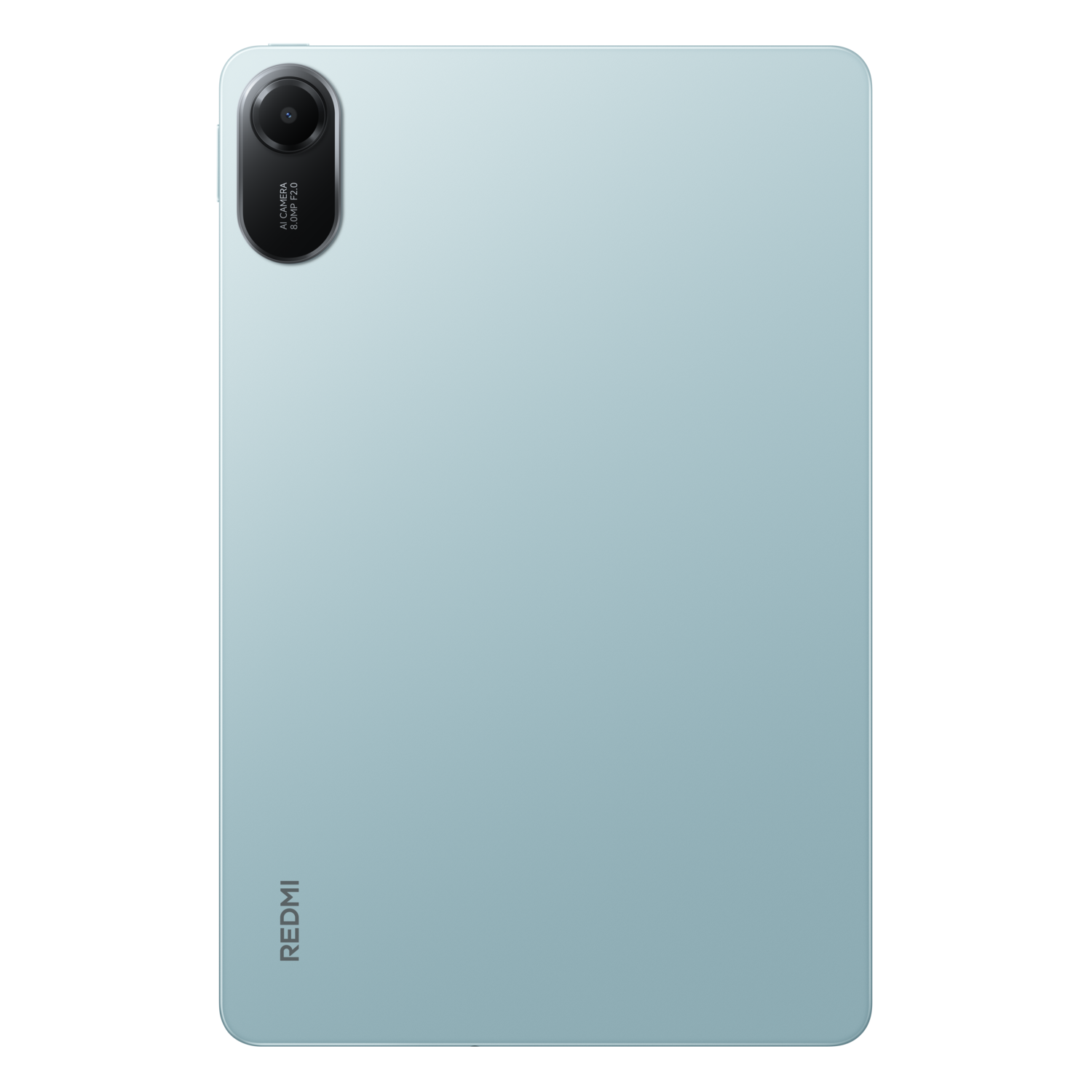 Dos de tablette bleu clair, caméra, fond noir, logo REDMI.