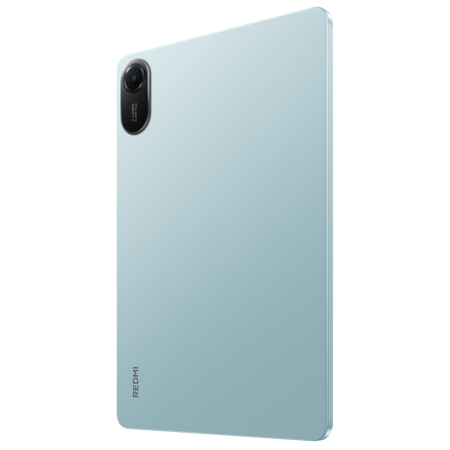 Dos de tablette bleu clair, caméra, fond noir, logo REDMI.
