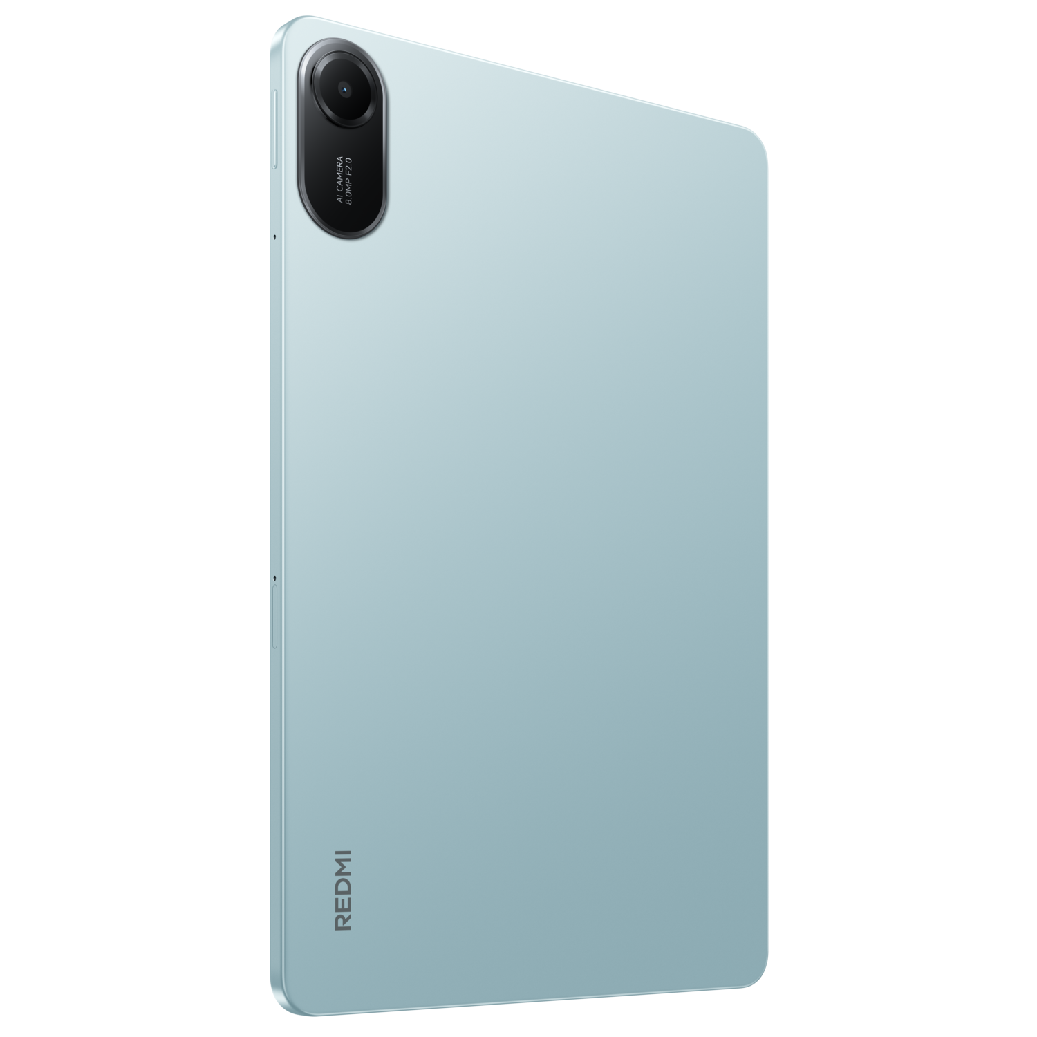 Tablette bleu clair avec caméra, fond noir, logo REDMI.