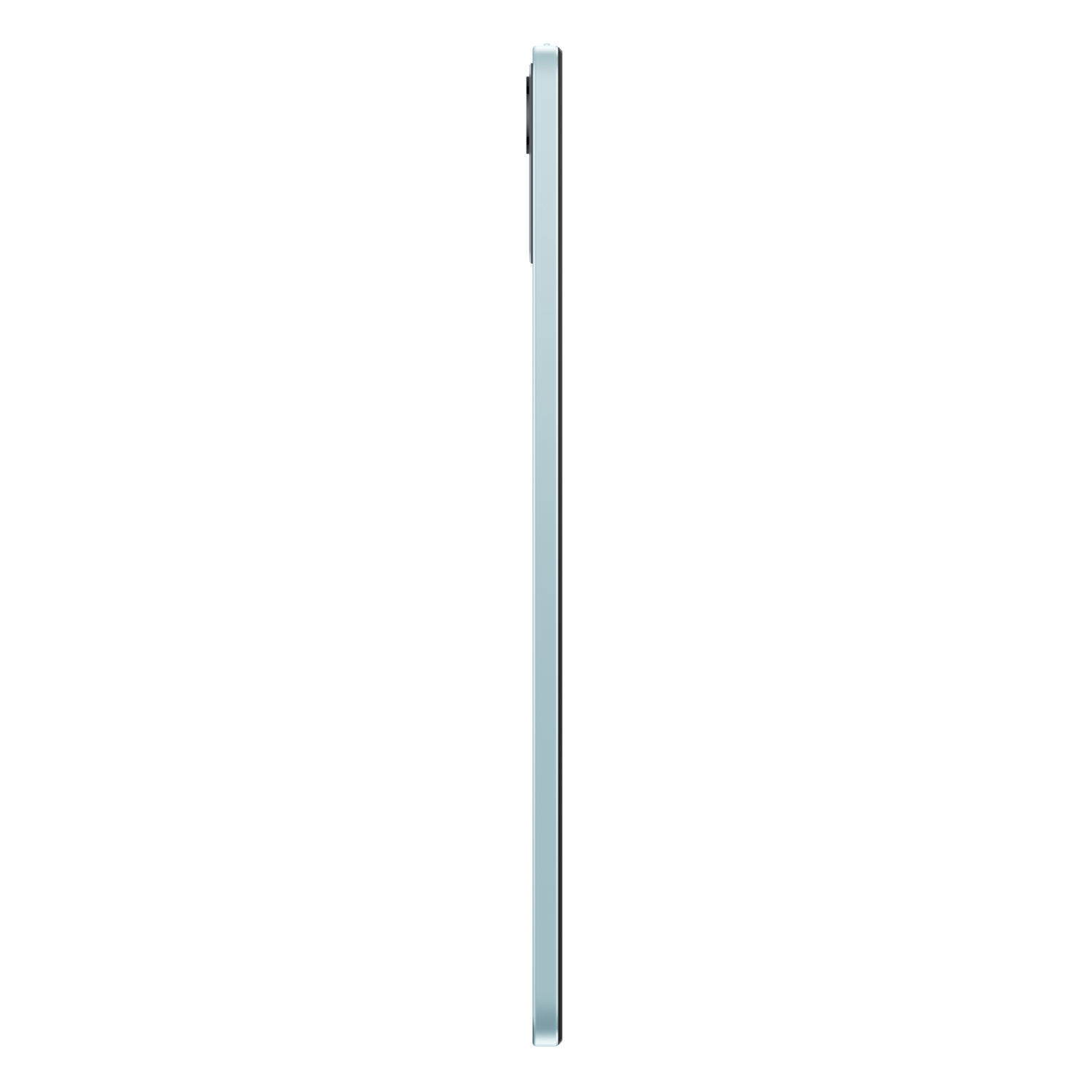 Vue latérale d'une tablette bleu clair, fond noir.