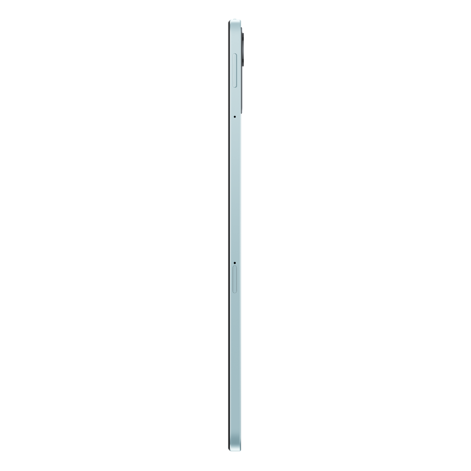 Vue latérale d'une tablette bleu clair, fond noir.
