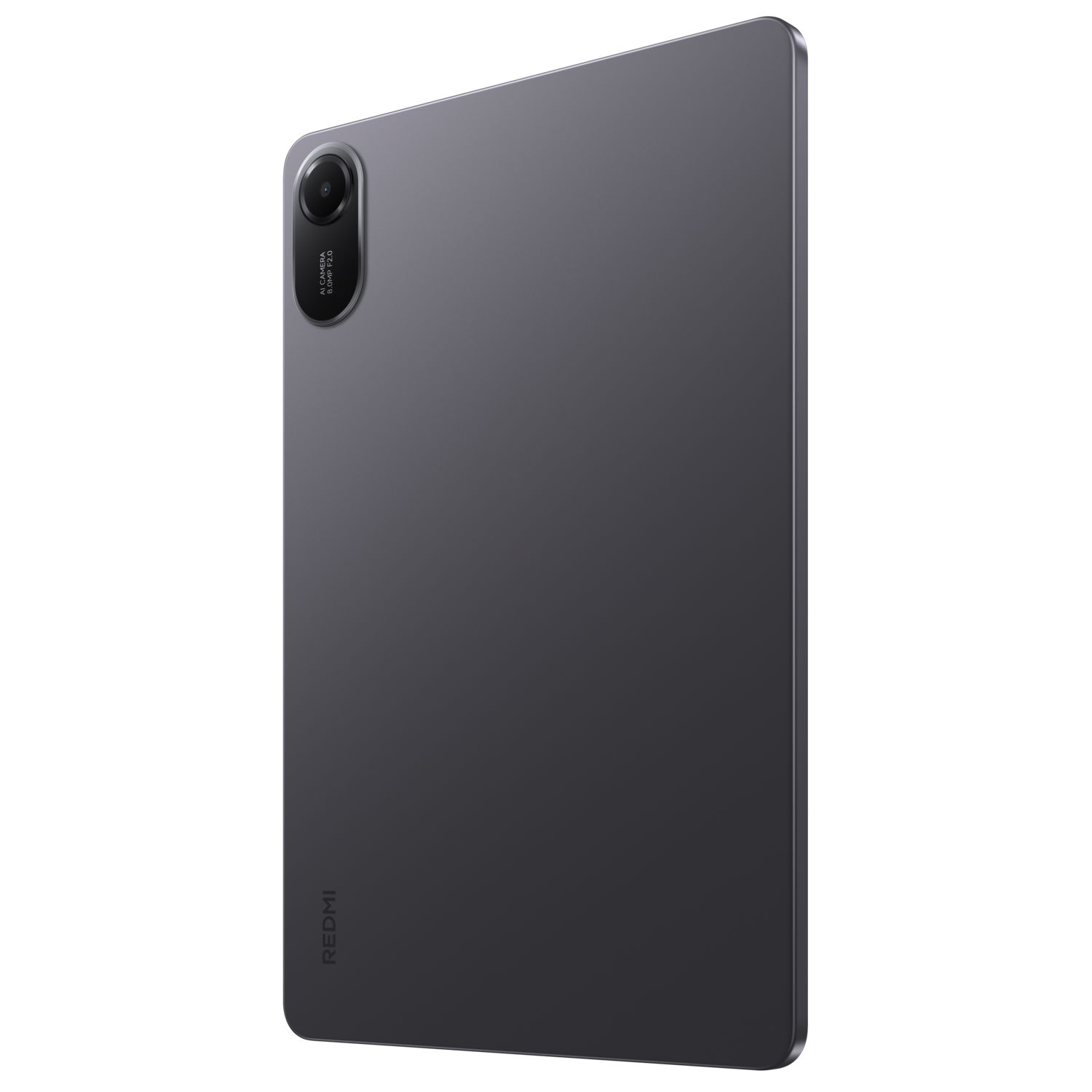 Dos de tablette gris avec caméra et logo Redmi sur fond noir.