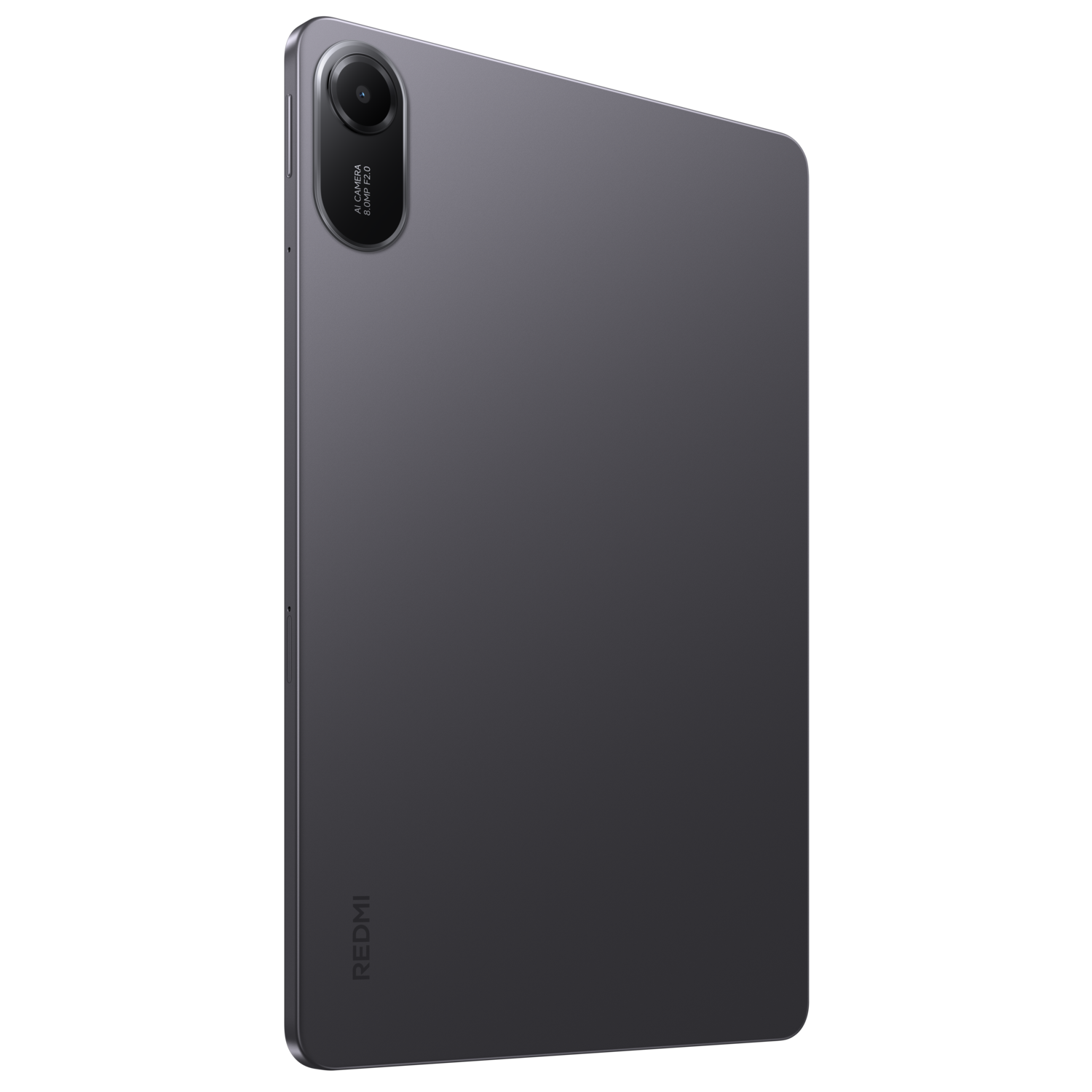Dos de tablette gris avec caméra et logo Redmi sur fond noir.