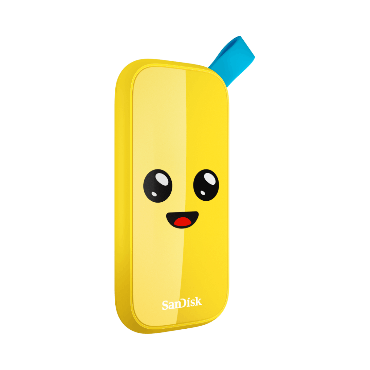 Unidad USB amarilla con forma de plátano con cara, lazo azul, fondo negro.