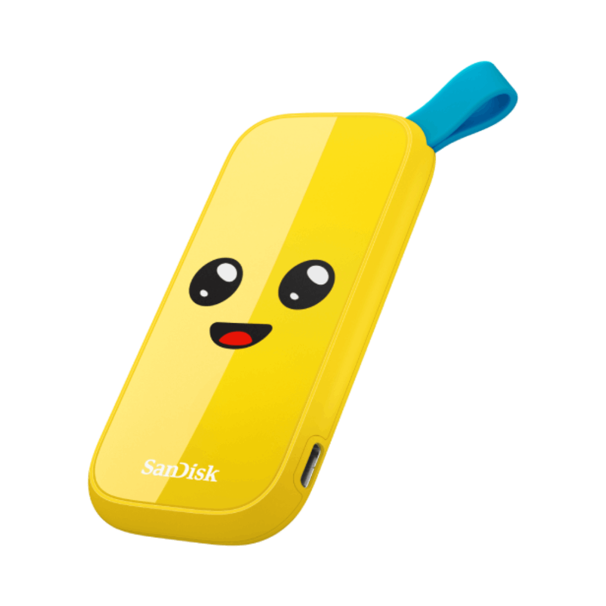 Unidad USB amarilla con forma de plátano con cara, lazo azul, fondo negro.