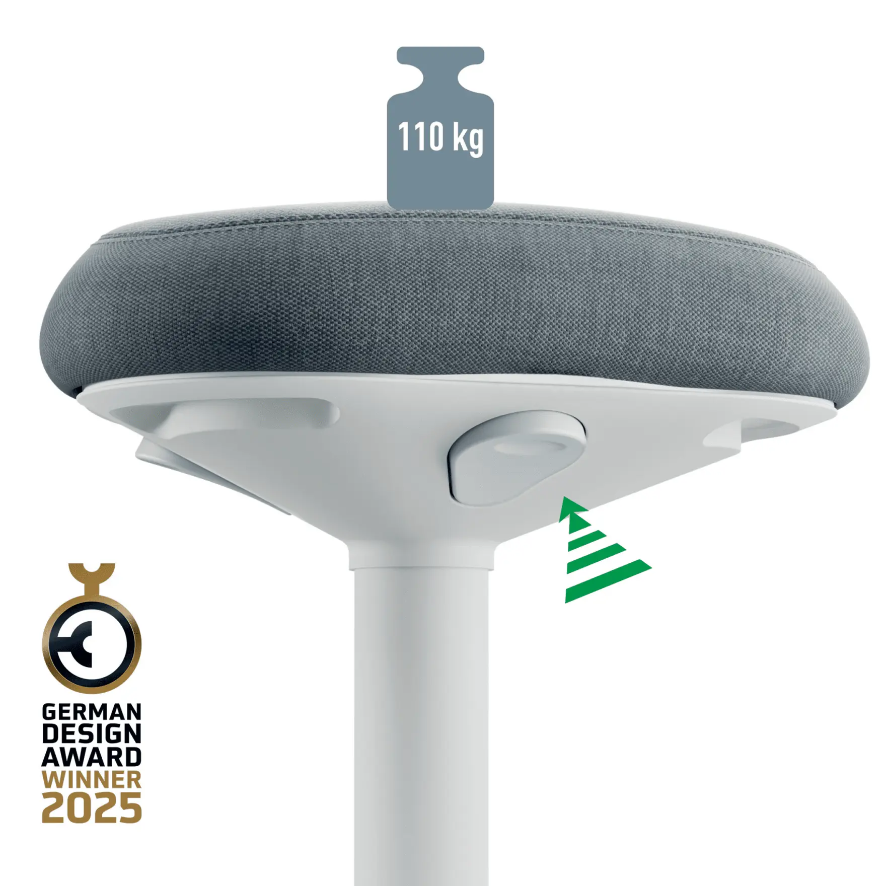 Fehér és szürke ergonomikus szék, 110 kg súlykorláttal, German Design Award díjjal.