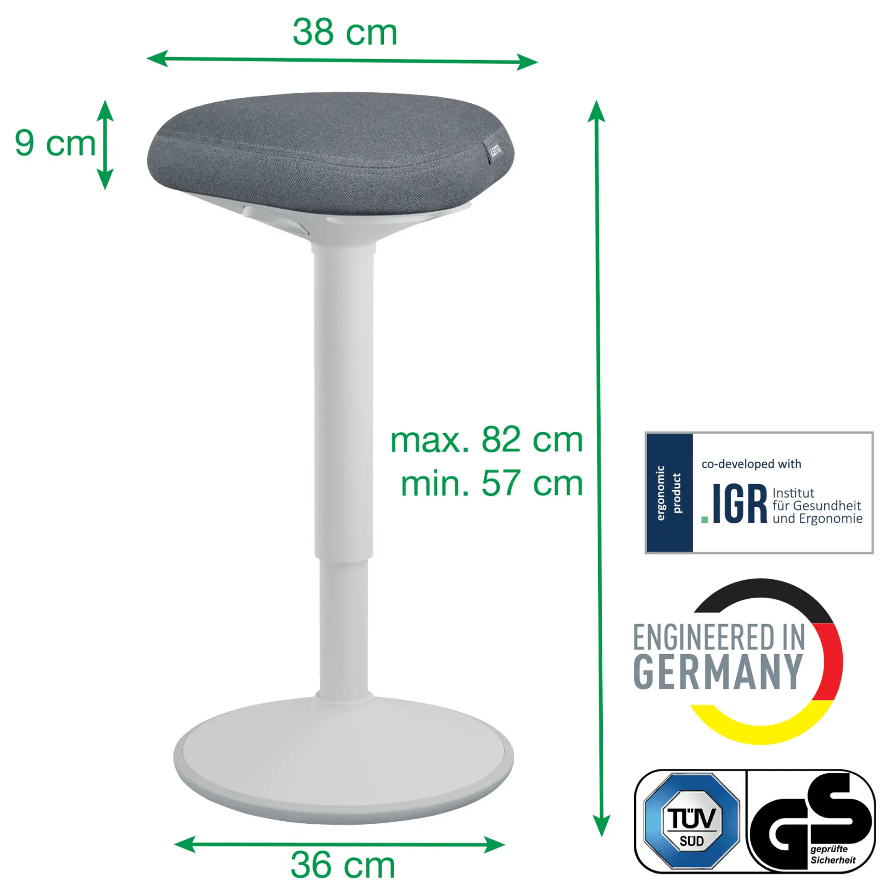 Ergonomikus szék méretekkel: 38 cm széles, 9 cm magas, 36 cm-es alap.