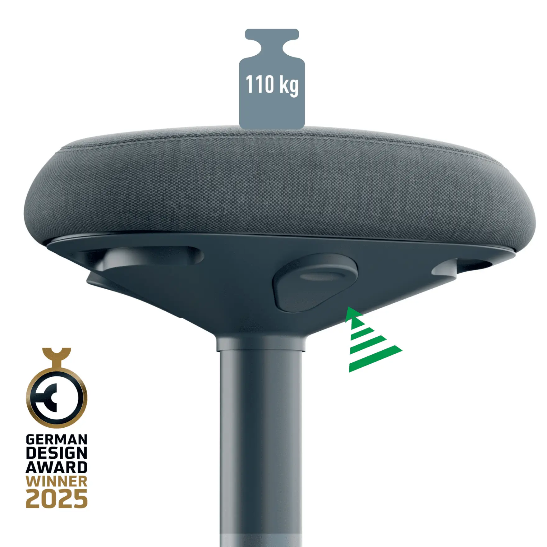 Szürke ergonomikus székalap, 110 kg teherbírással. German Design Winner 2025 díjjal.