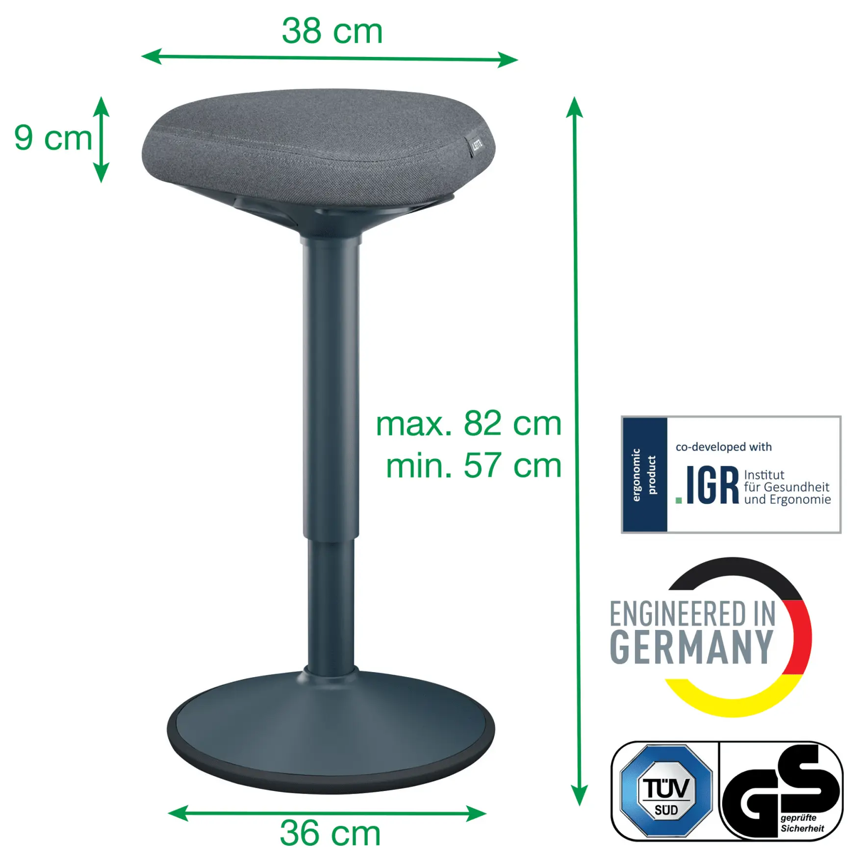 Ergonomikus szék szürke üléssel, állítható magassággal, méretekkel. Németországban gyártva, logókkal.