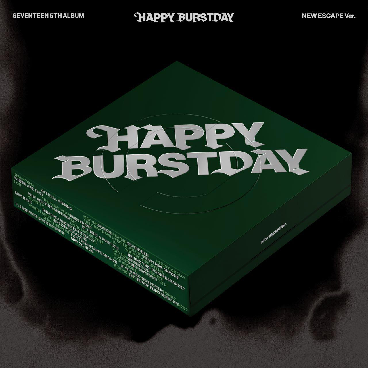 Grüne Box mit silbernem Text 'Happy Burstday'.