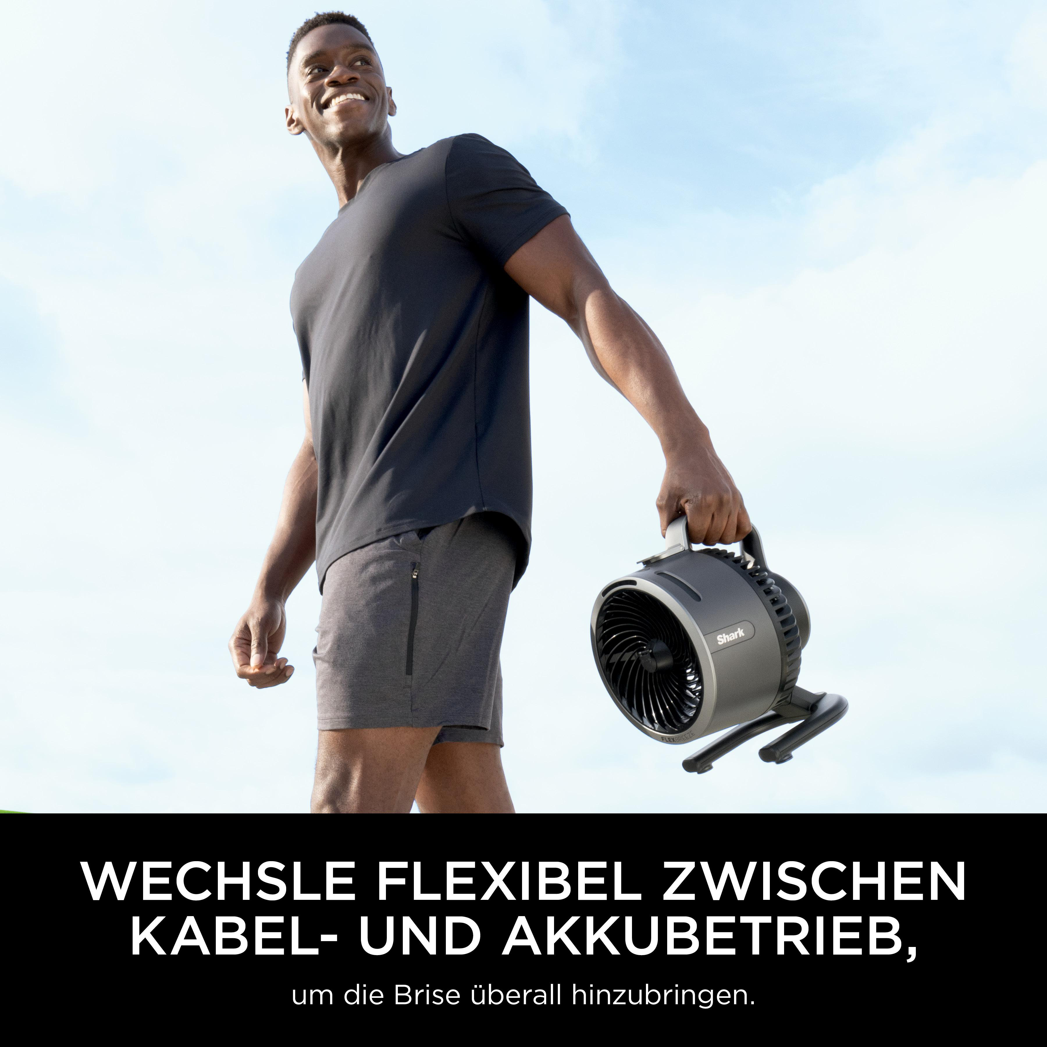 Mann hält einen schwarzen Ventilator, blauer Himmel im Hintergrund. Text: Flexibel zwischen Kabel- und Akkubetrieb wechseln.