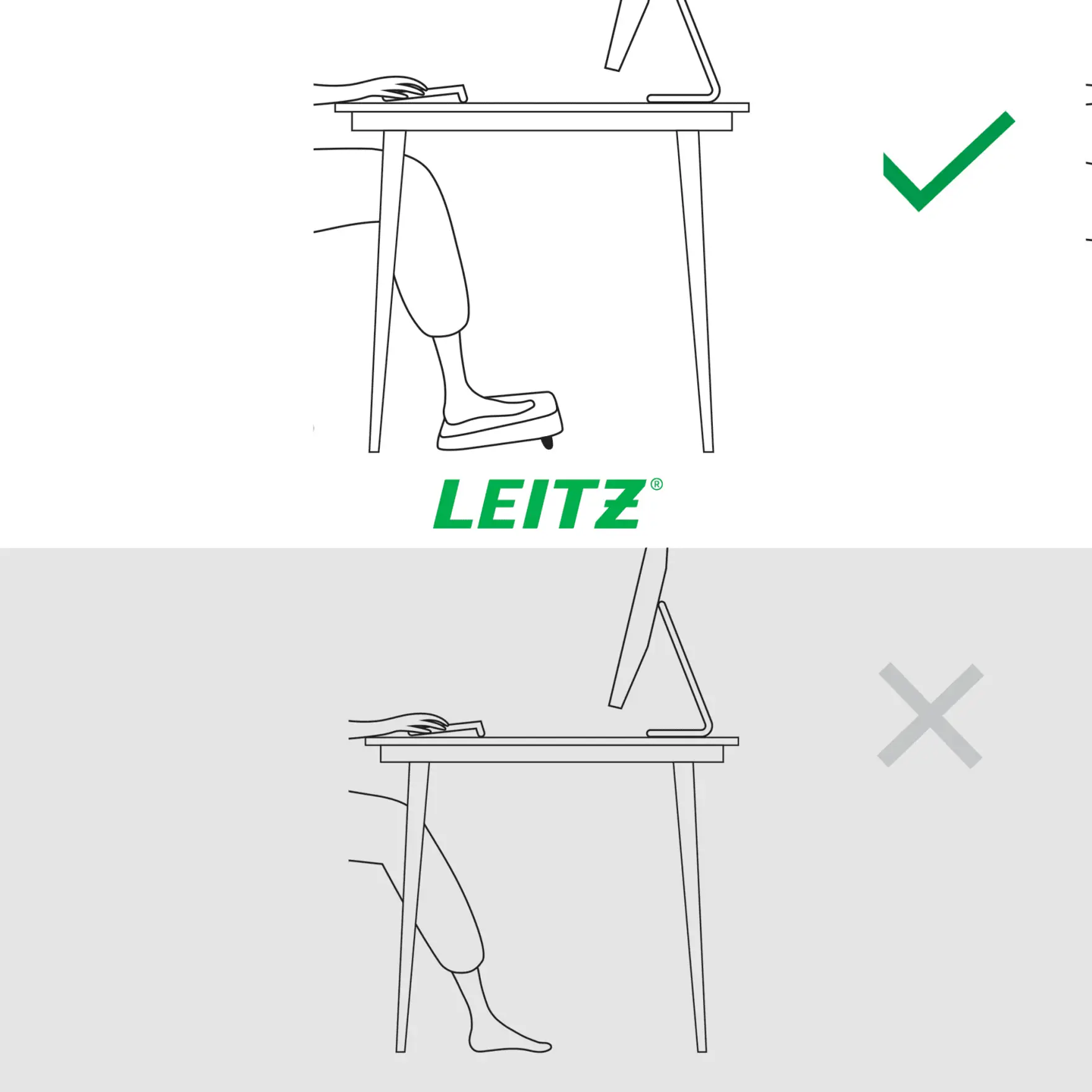 Vázlatrajz a megfelelő és a helytelen asztali beállításról lábtámasszal. A Leitz logó látható.