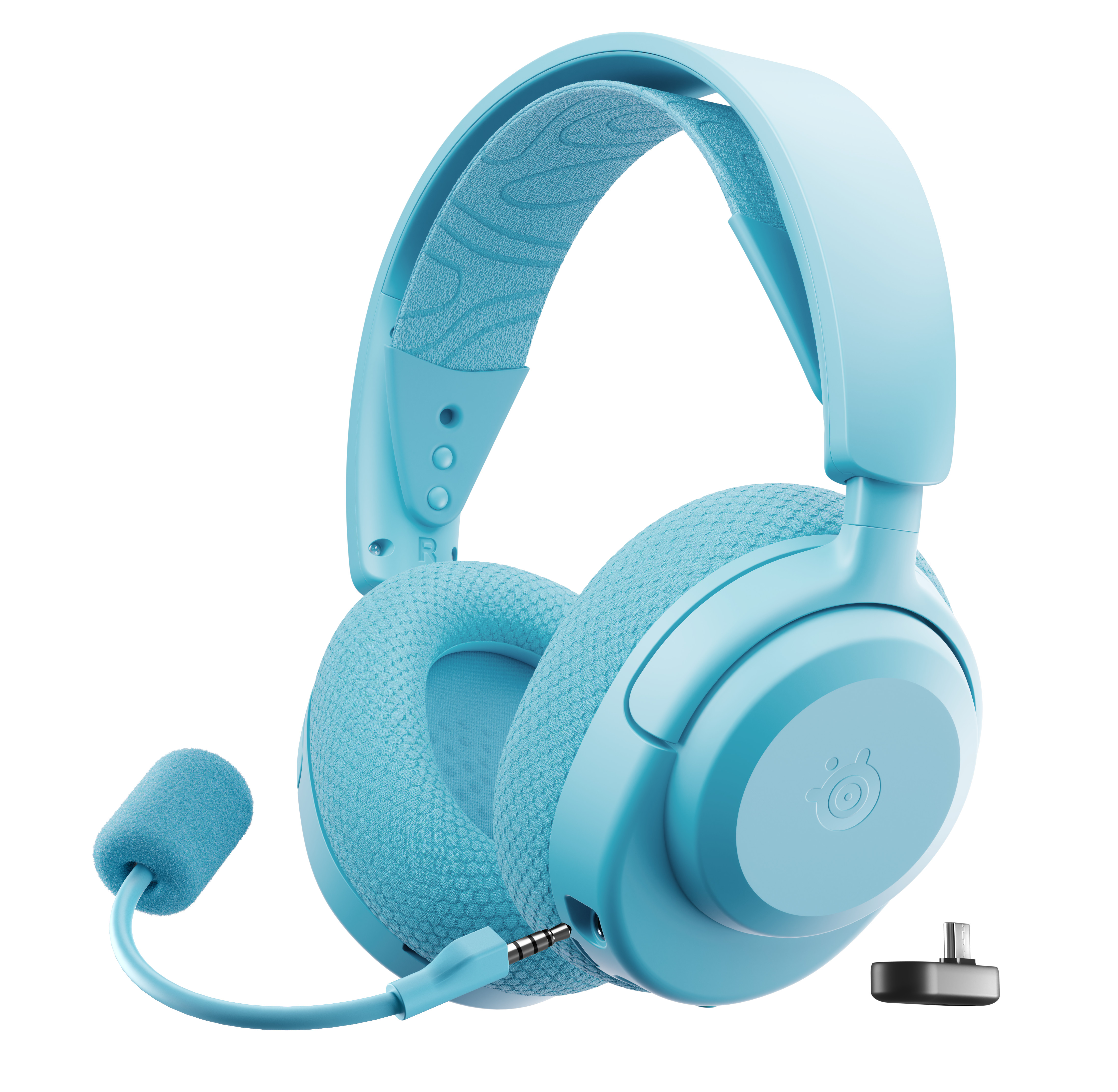 Jasnoniebieskie słuchawki z mikrofonem i portem ładowania.