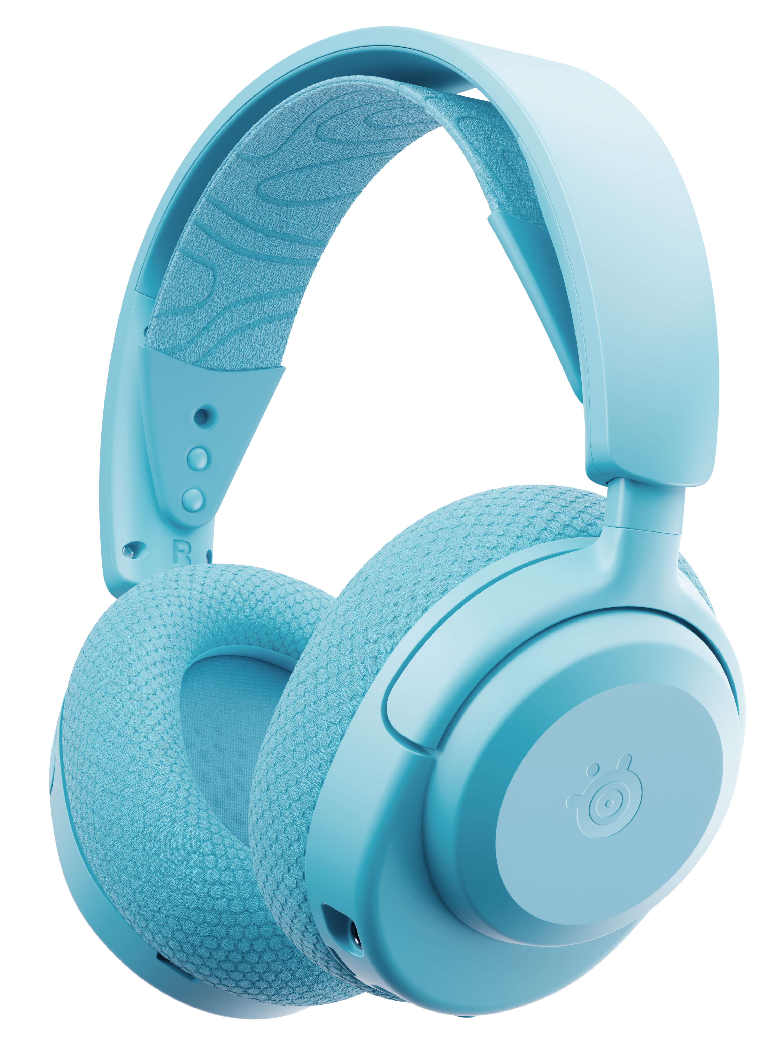 Jasnoniebieskie słuchawki, pod kątem z boku.