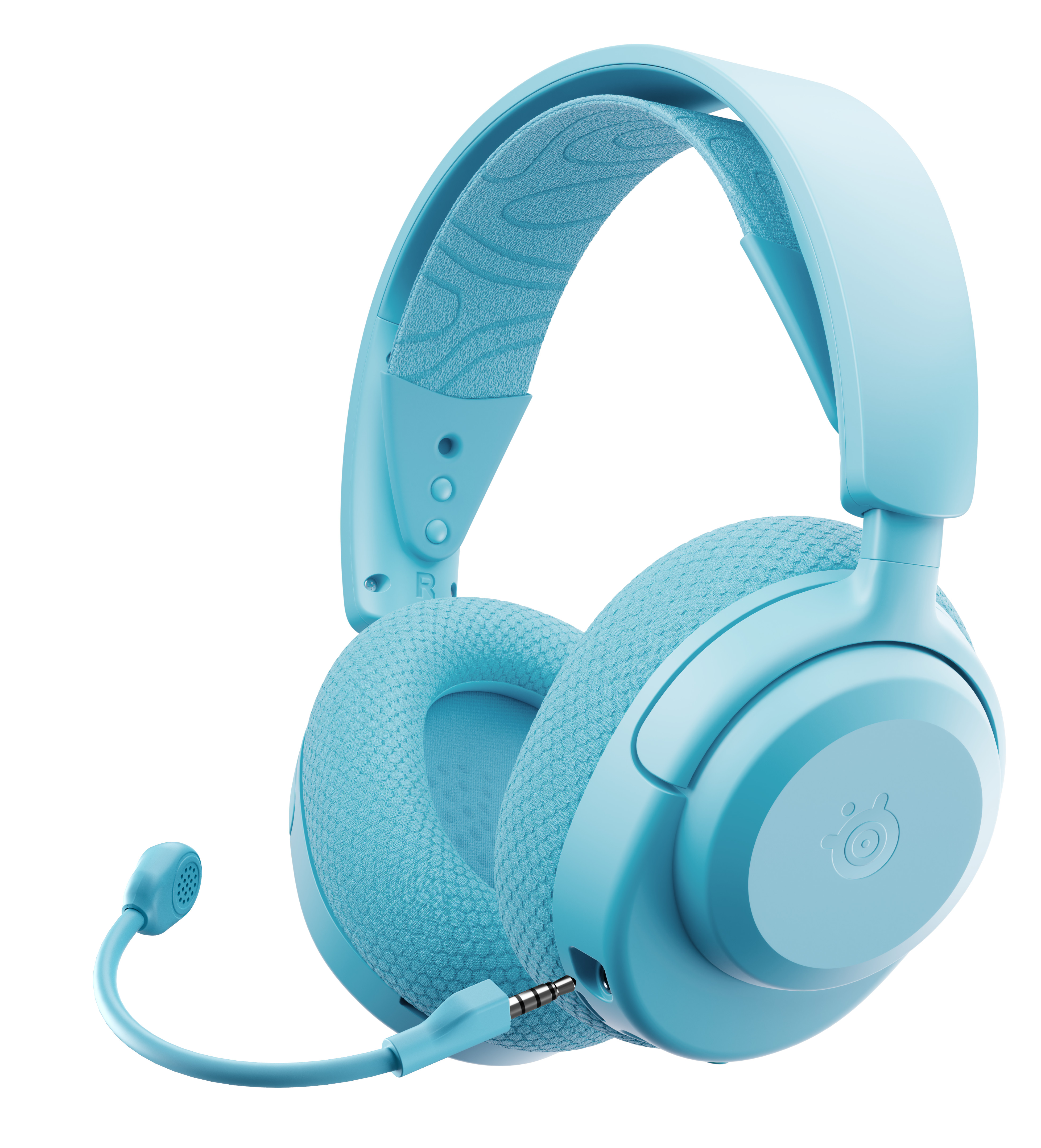 Jasnoniebieskie słuchawki z mikrofonem, z przodu po prawej.